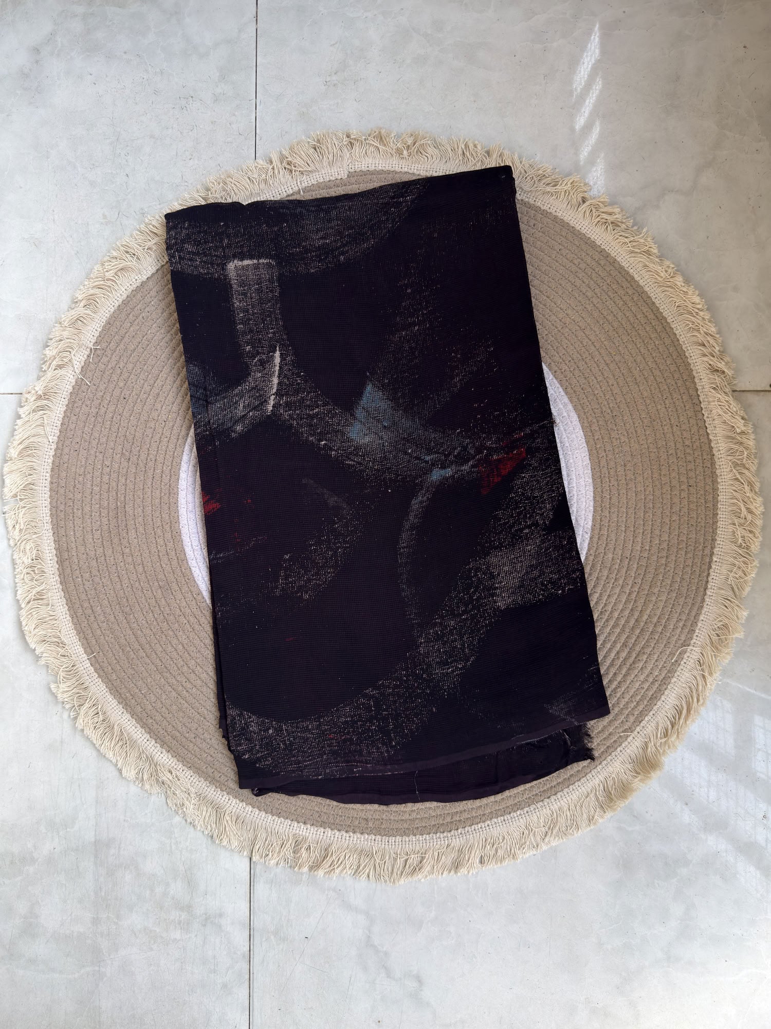 Black Ajrakh Hand Block Printed Net (Kota) Modal Silk Fabric | Natural Dyes