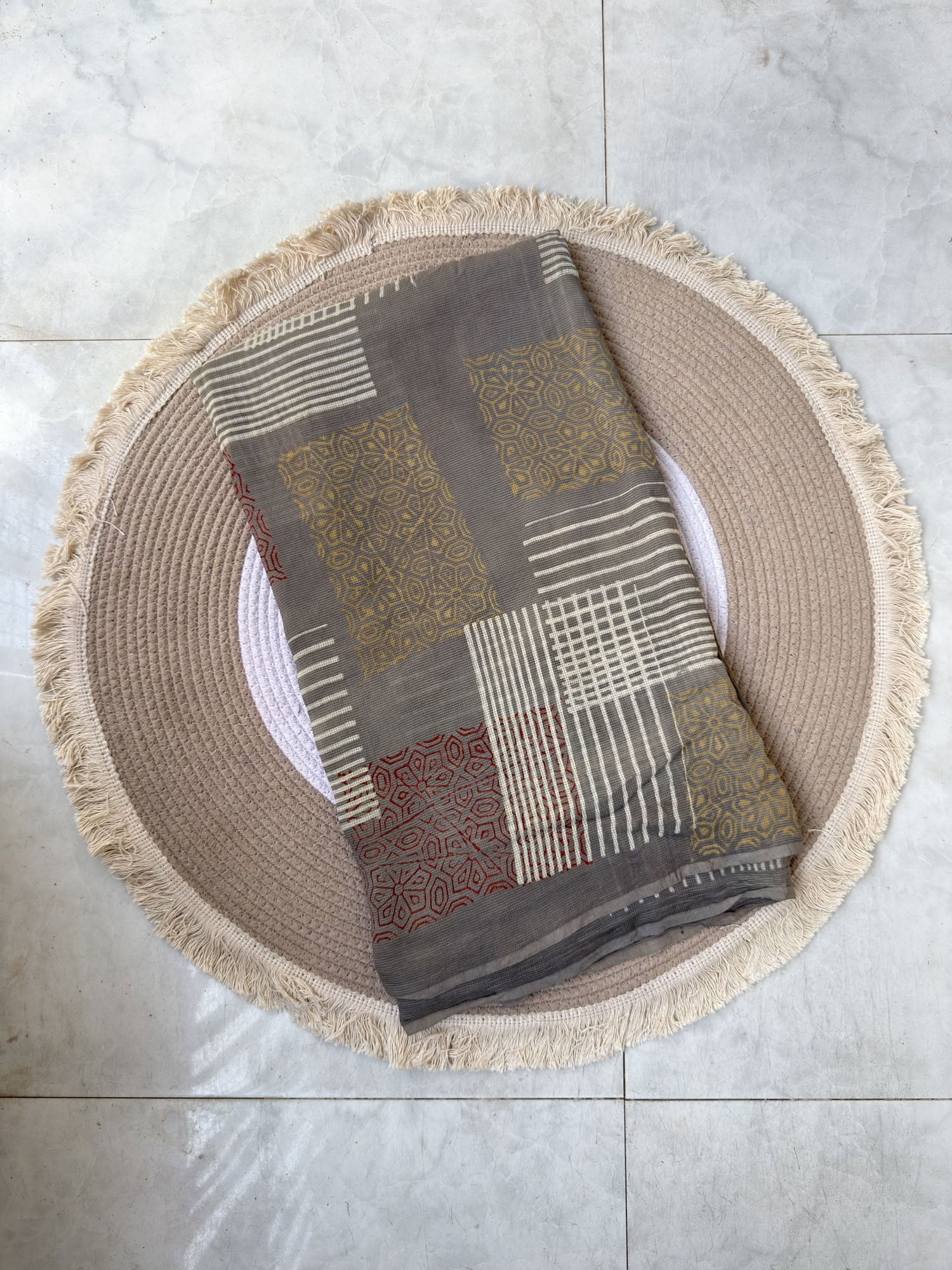 Multicolor Ajrakh Hand Block Printed Net (Kota) Modal Silk Fabric | Natural Dyes