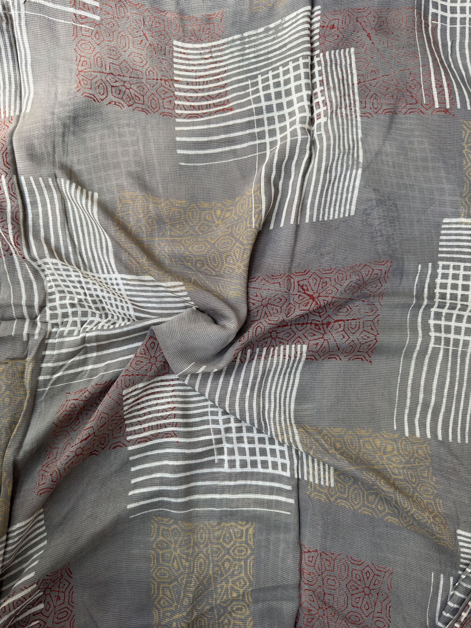 Multicolor Ajrakh Hand Block Printed Net (Kota) Modal Silk Fabric | Natural Dyes