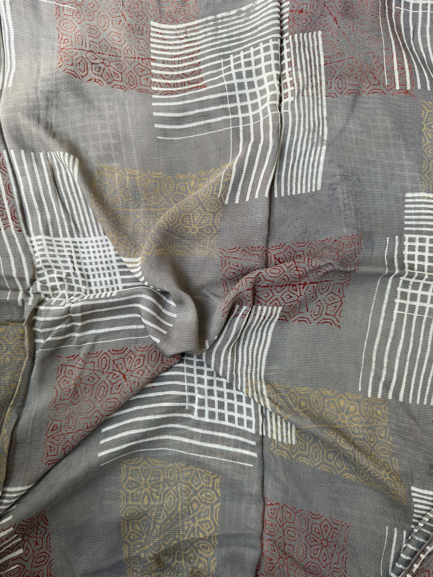 Multicolor Ajrakh Hand Block Printed Net (Kota) Modal Silk Fabric | Natural Dyes
