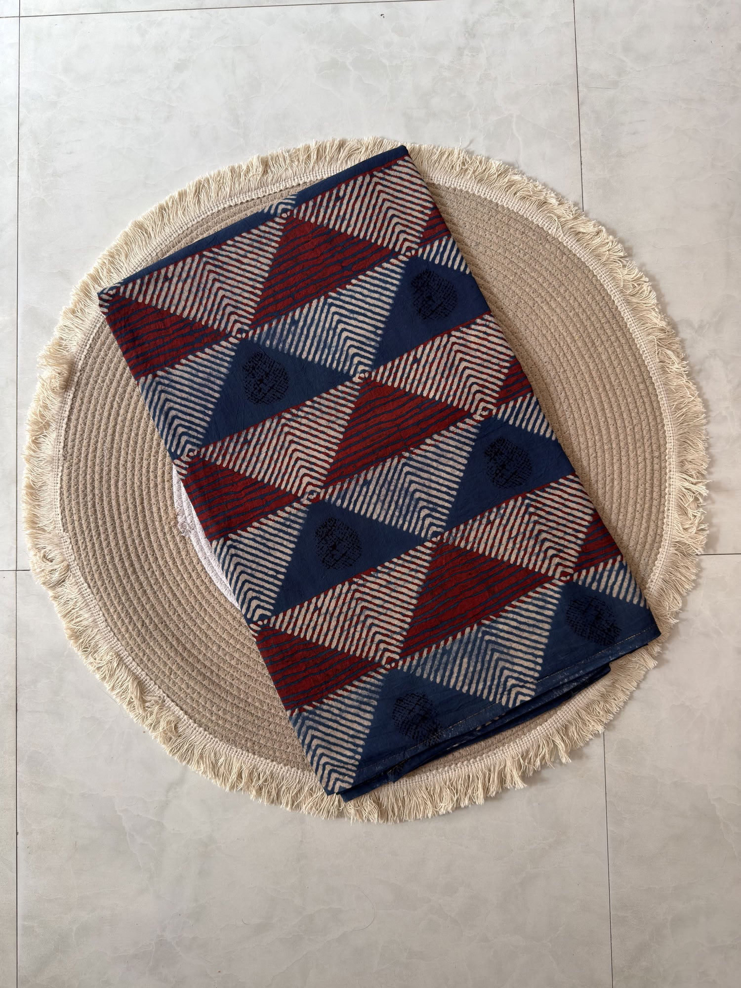 Red Blue Ajrakh Hand Block Print Cotton Fabric | Natural Dyes