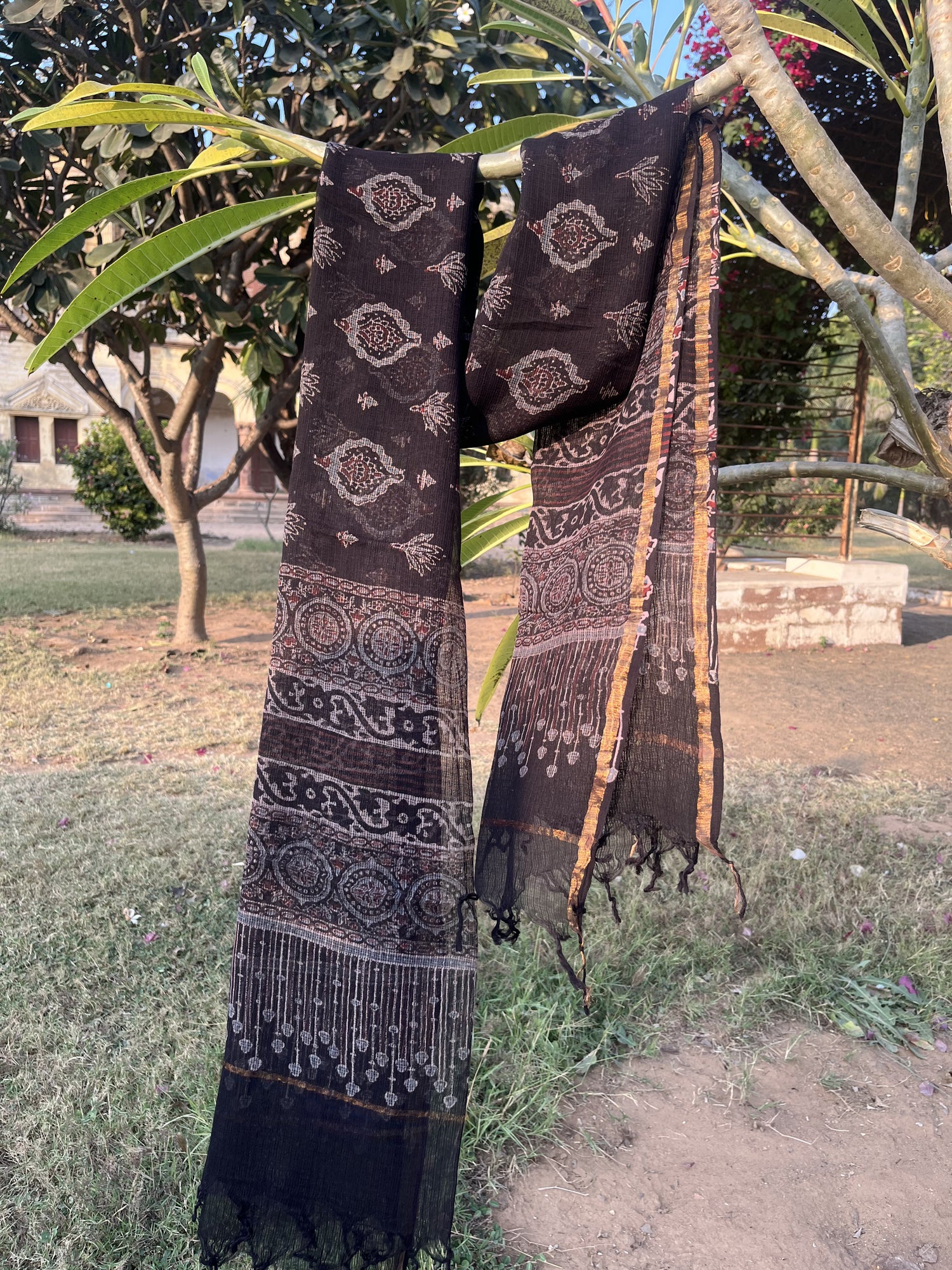Authentic Ajrakh Hand Block Print Kota Cotton Dupatta | Natural Dyes