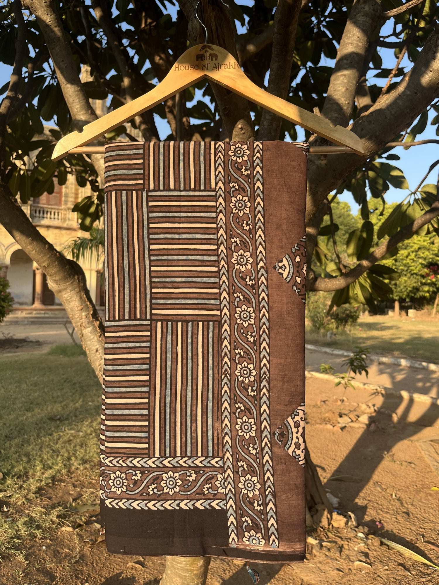Ajrakh Hand Block Print Mul Cotton Saree | Natural Dyes