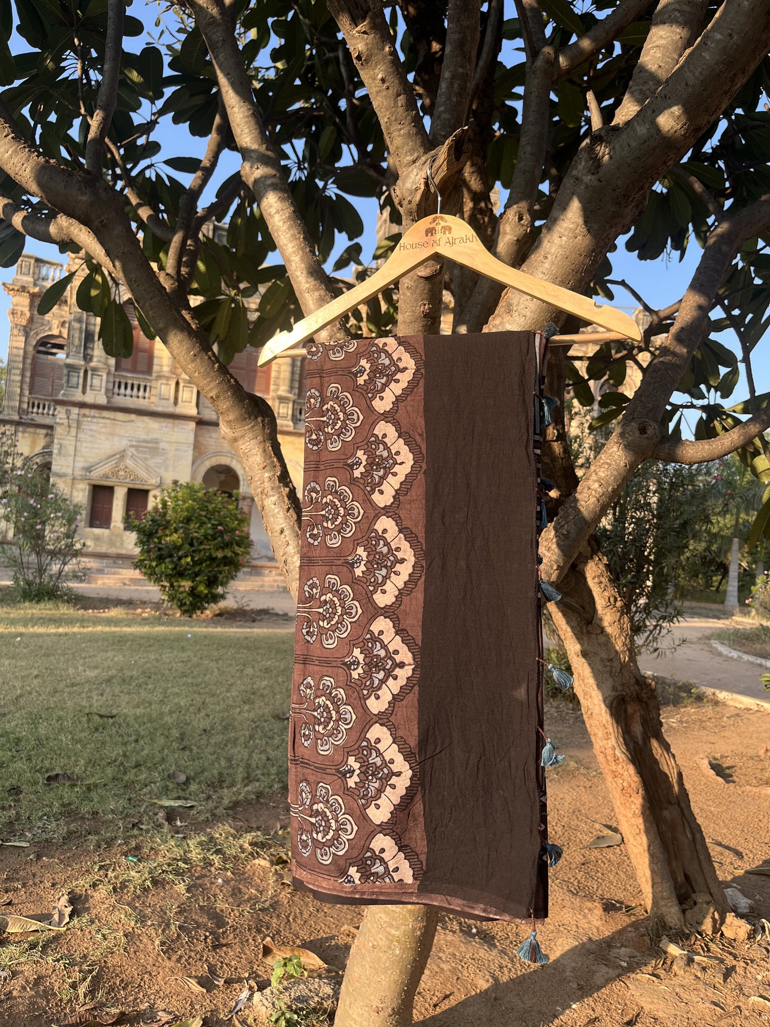 Ajrakh Hand Block Print Mul Cotton Saree | Natural Dyes