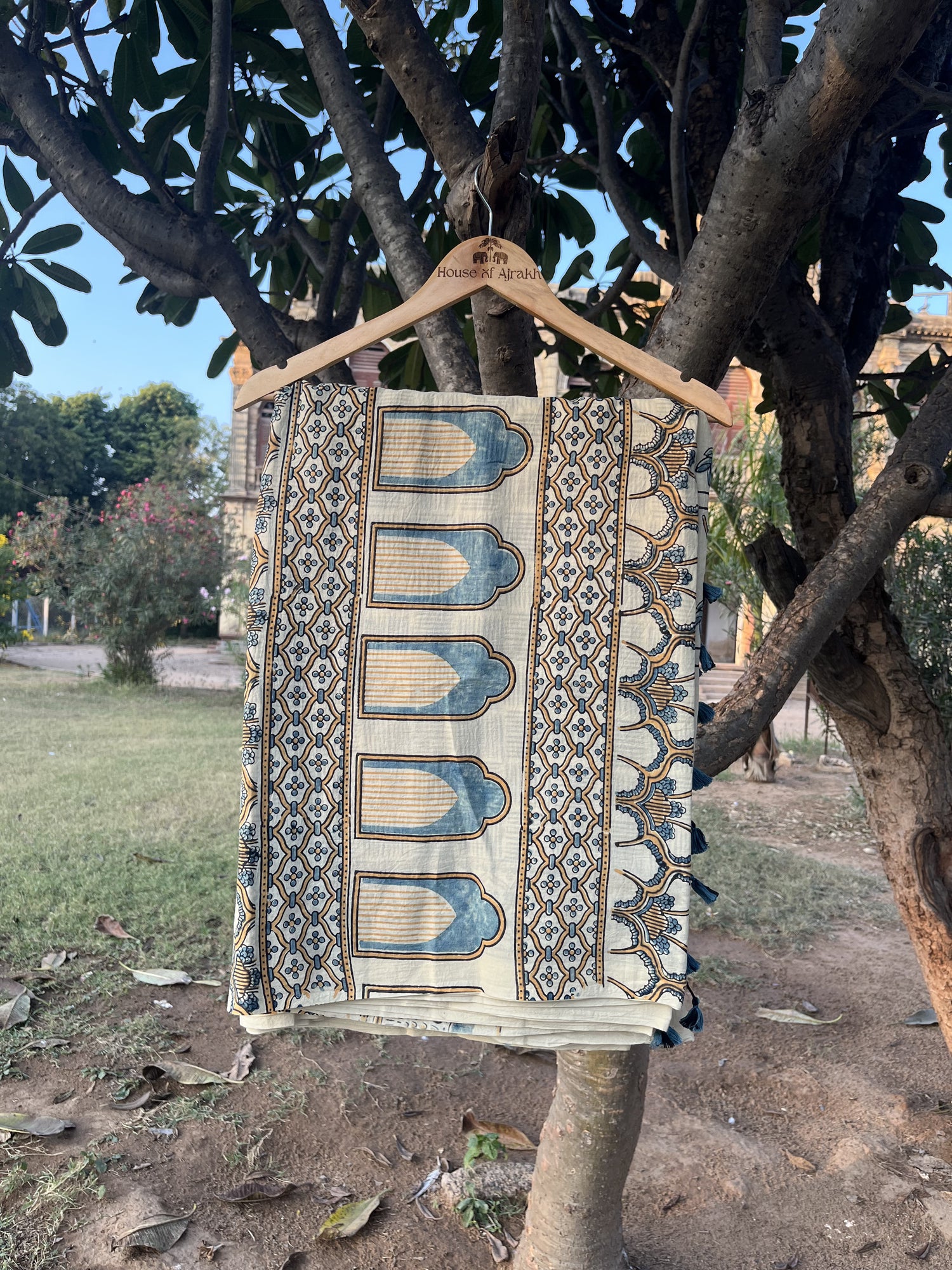 Ajrakh Hand Block Print Mul Cotton Saree | Natural Dyes