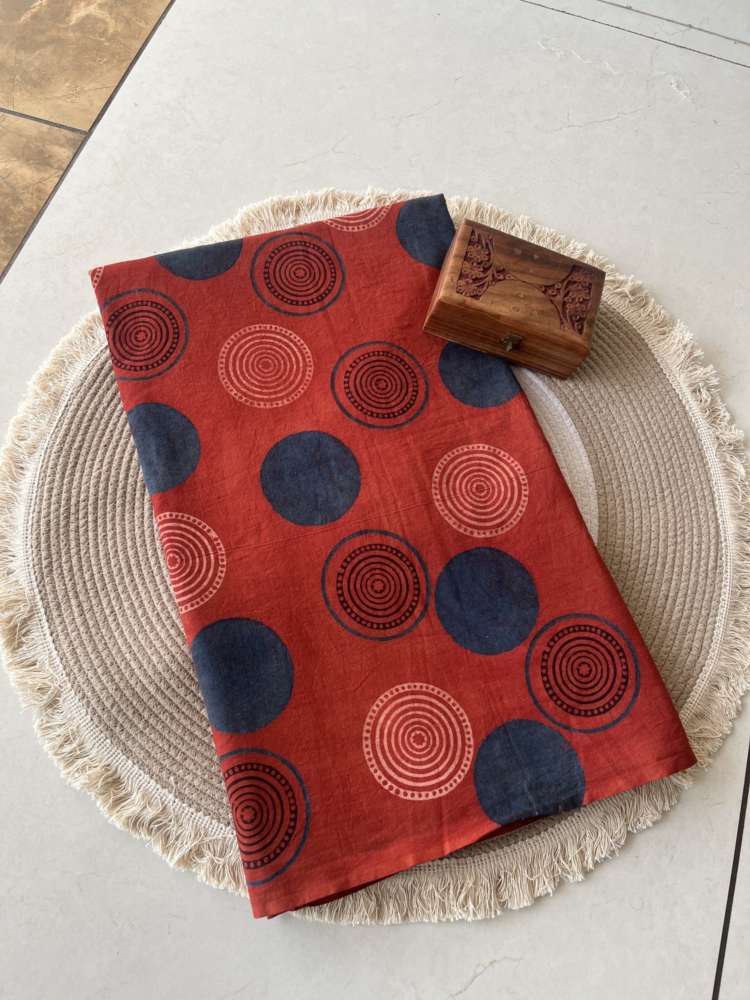 Maroon Ajrakh Hand Block Print Cotton Fabric | Natural Dyes