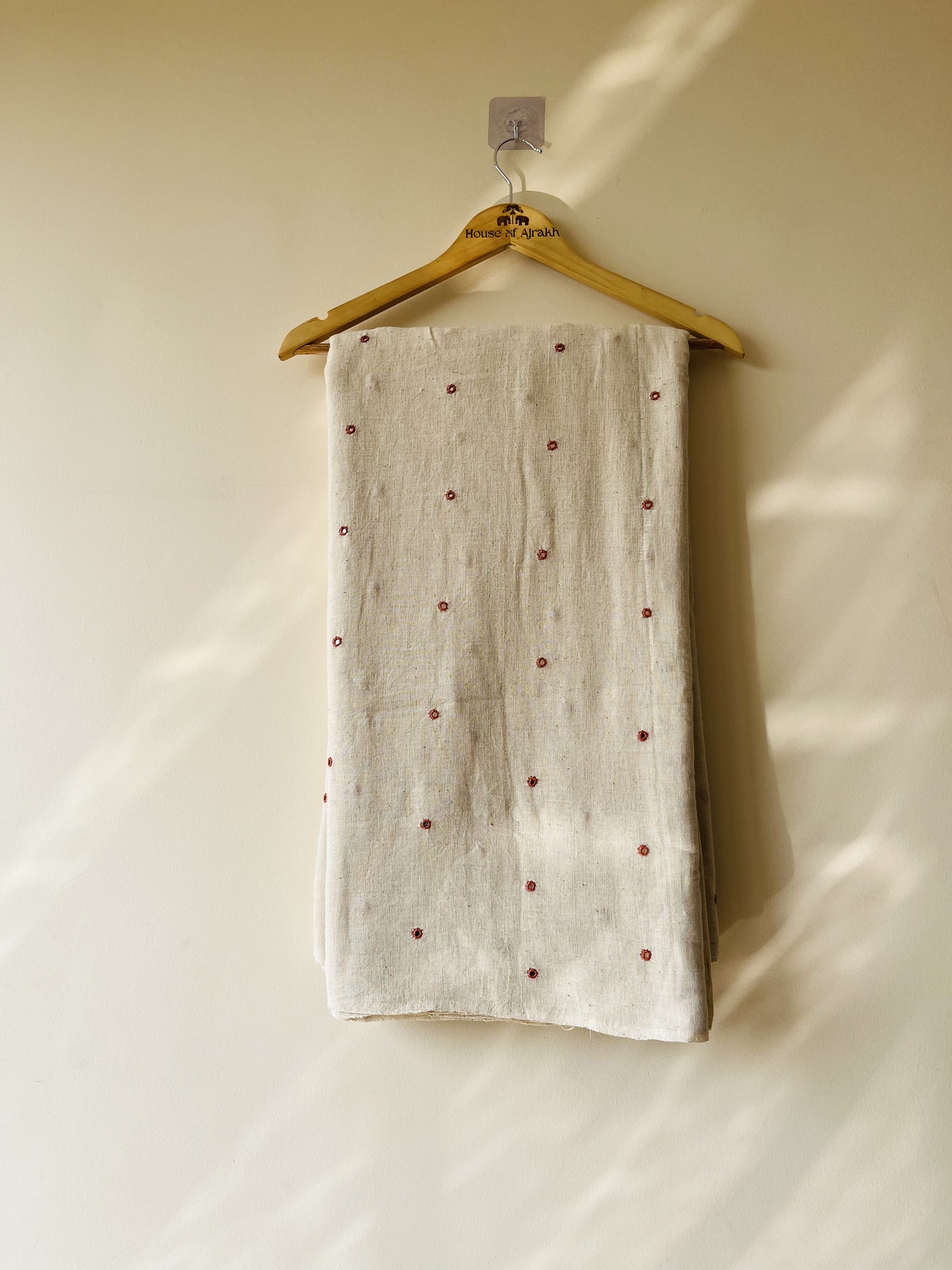 Off-white Organic Kala Cotton Mirron Work Fabric | Soft & Breathable