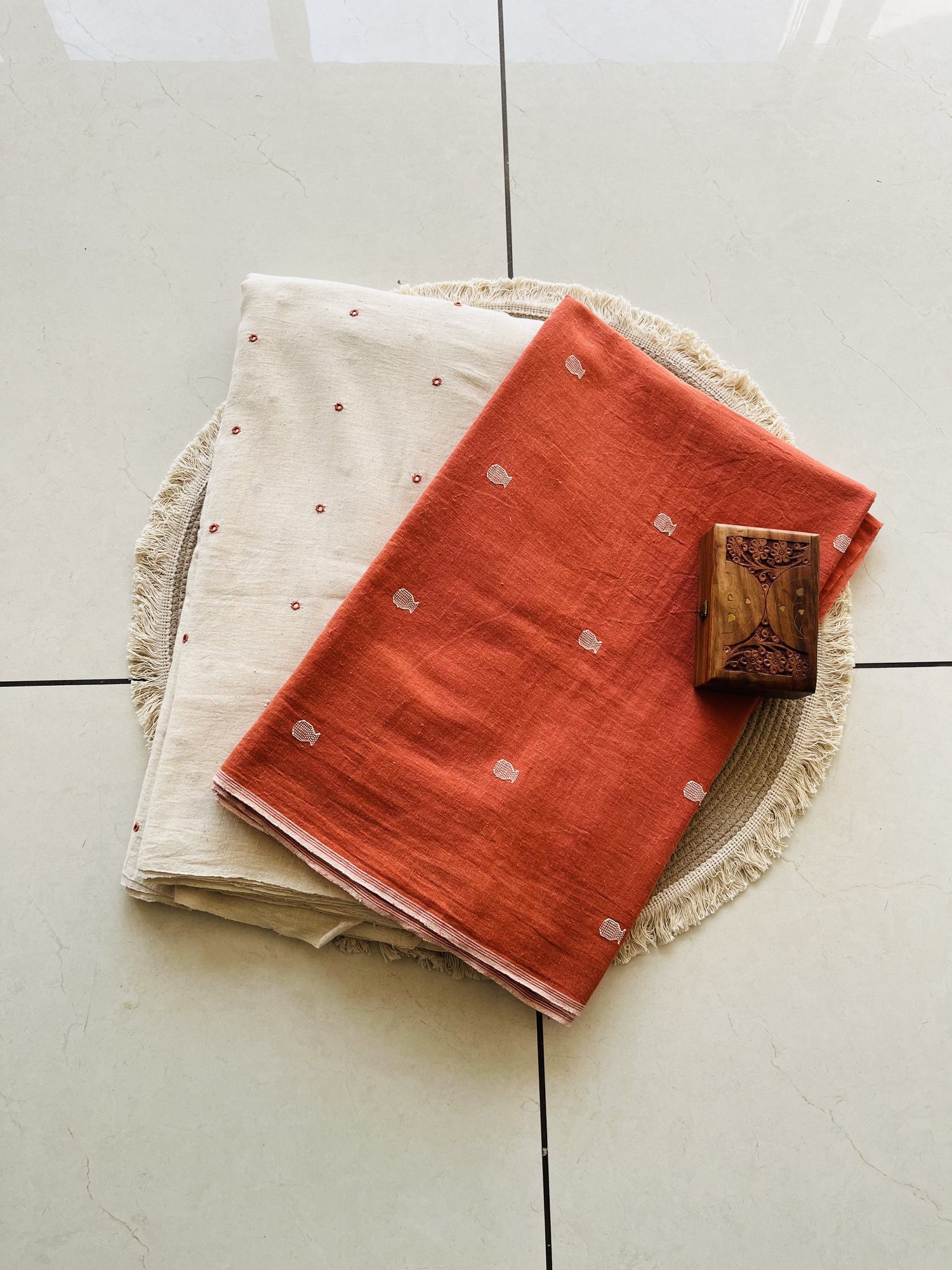 Off-white Organic Kala Cotton Mirron Work Fabric | Soft & Breathable