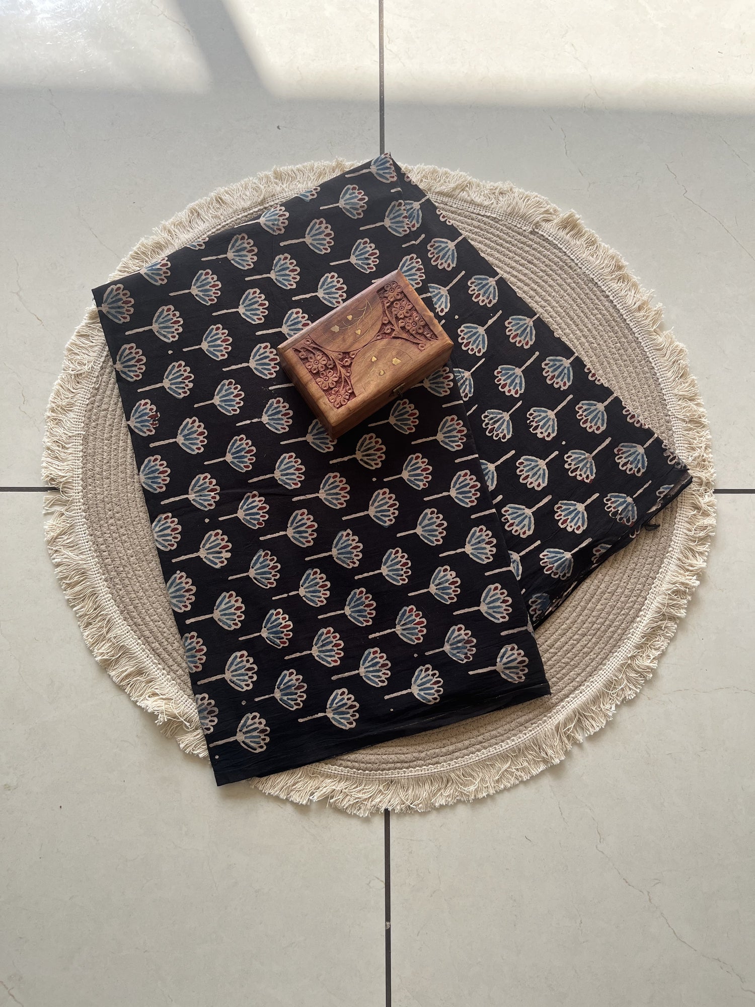 Black Ajrakh Hand Block Print Cotton Fabric | Natural Dyes