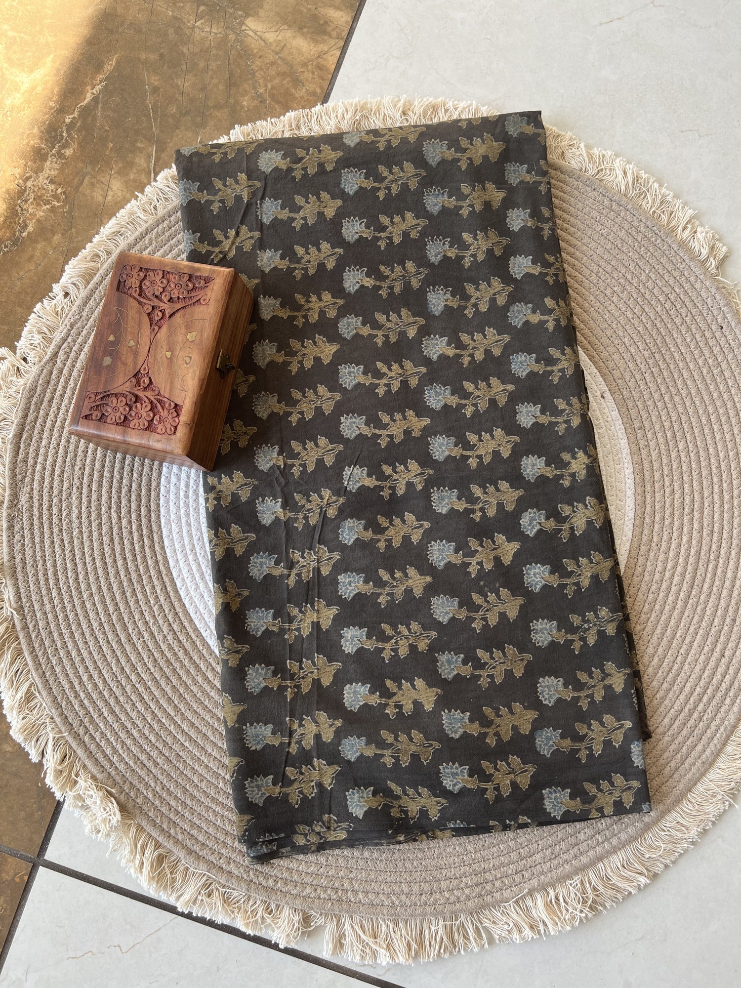 Black Floral Ajrakh Hand Block Print Cotton Fabric | Natural Dyes