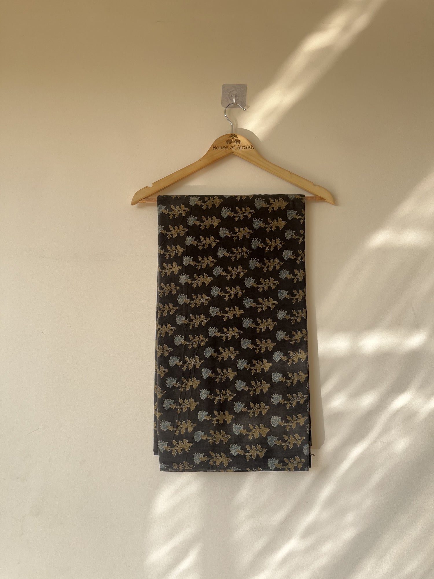 Black Floral Ajrakh Hand Block Print Cotton Fabric | Natural Dyes