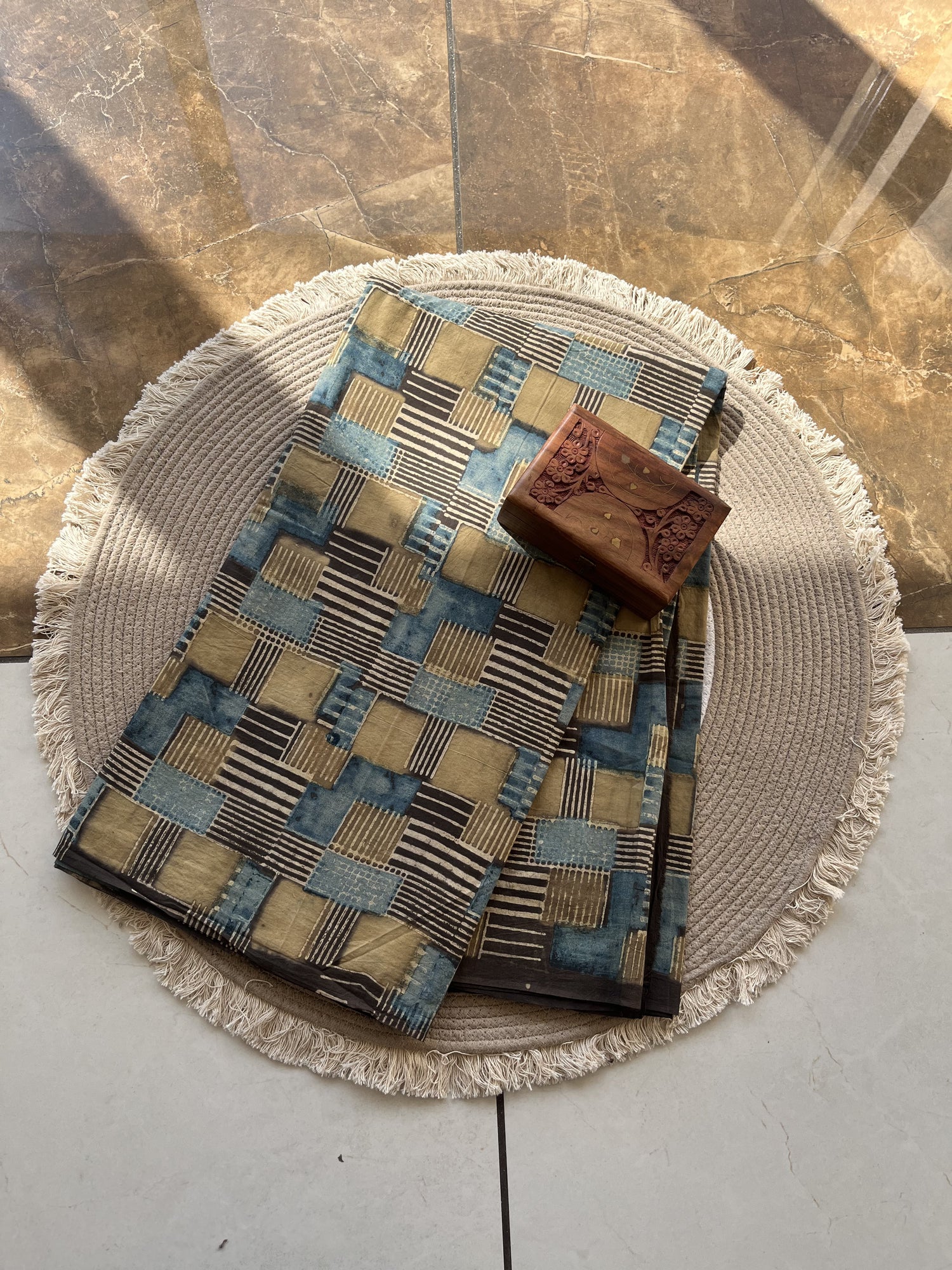 Multicolor Ajrakh Hand Block Print Cotton Fabric | Natural Dyes