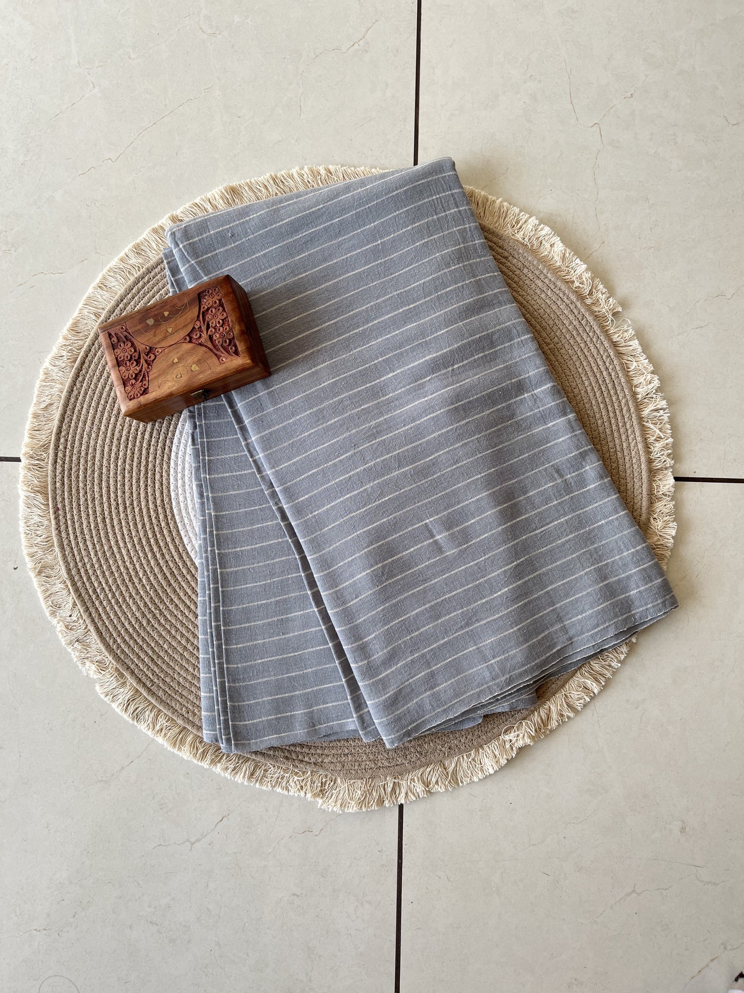 Grey Striped Handwoven Organic Kala Cotton Fabric | Soft & Breathable