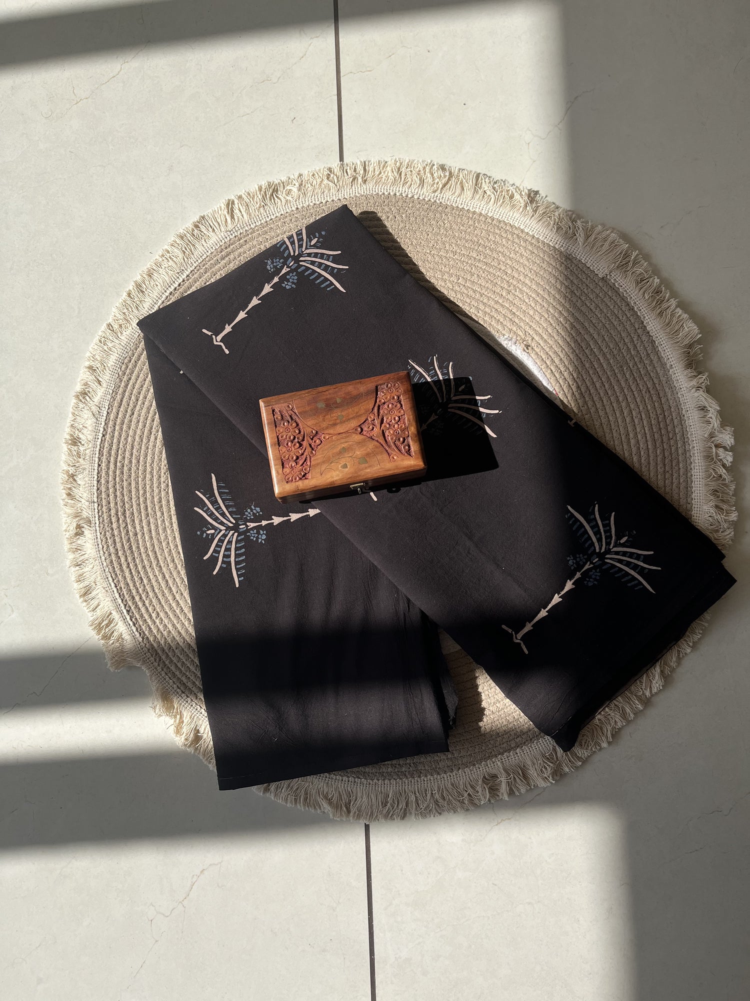 Black Ajrakh Hand Block Print Cotton Fabric | Natural Dyes