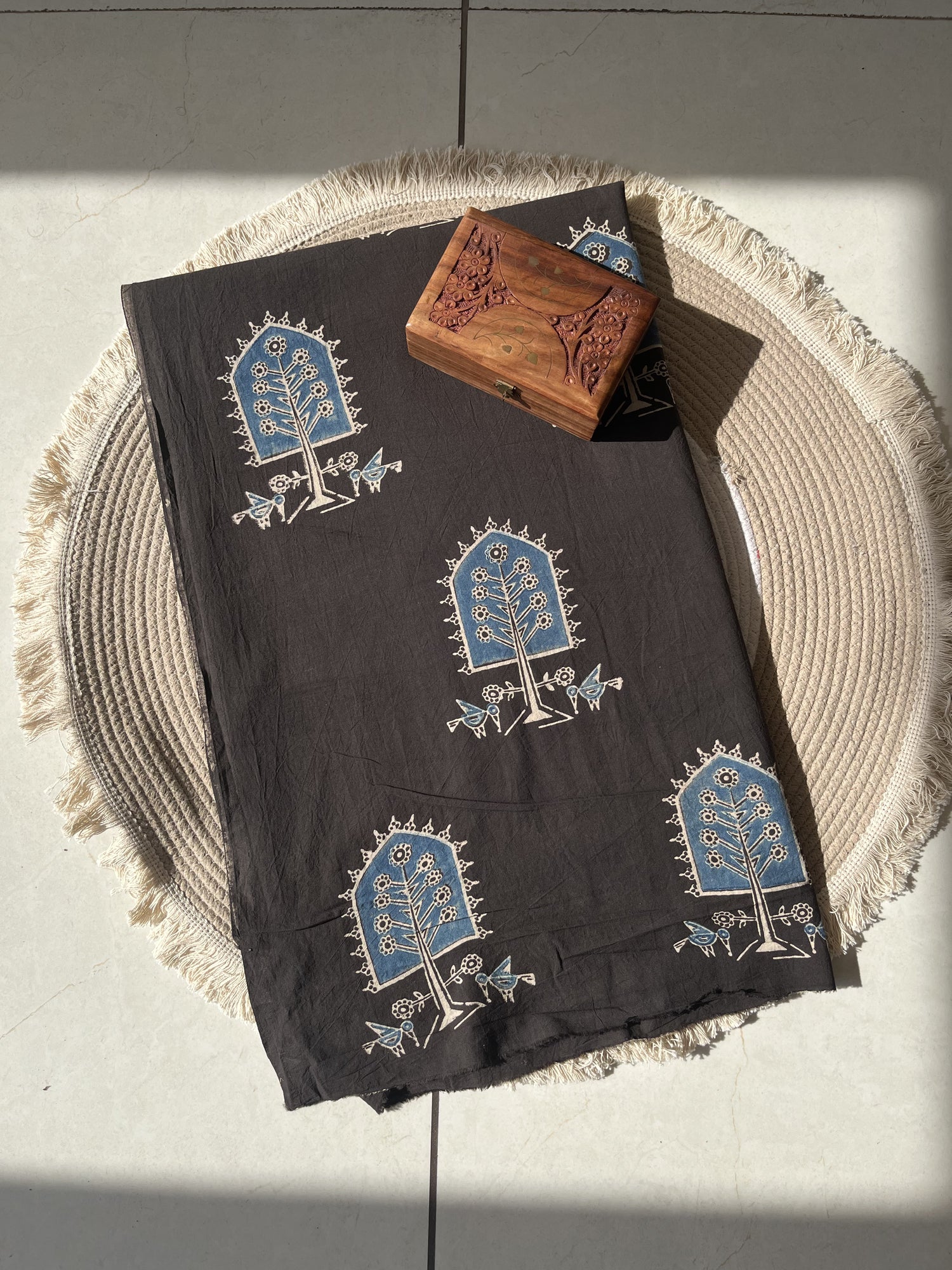 Black Ajrakh Hand Block Print Cotton Fabric | Natural Dyes