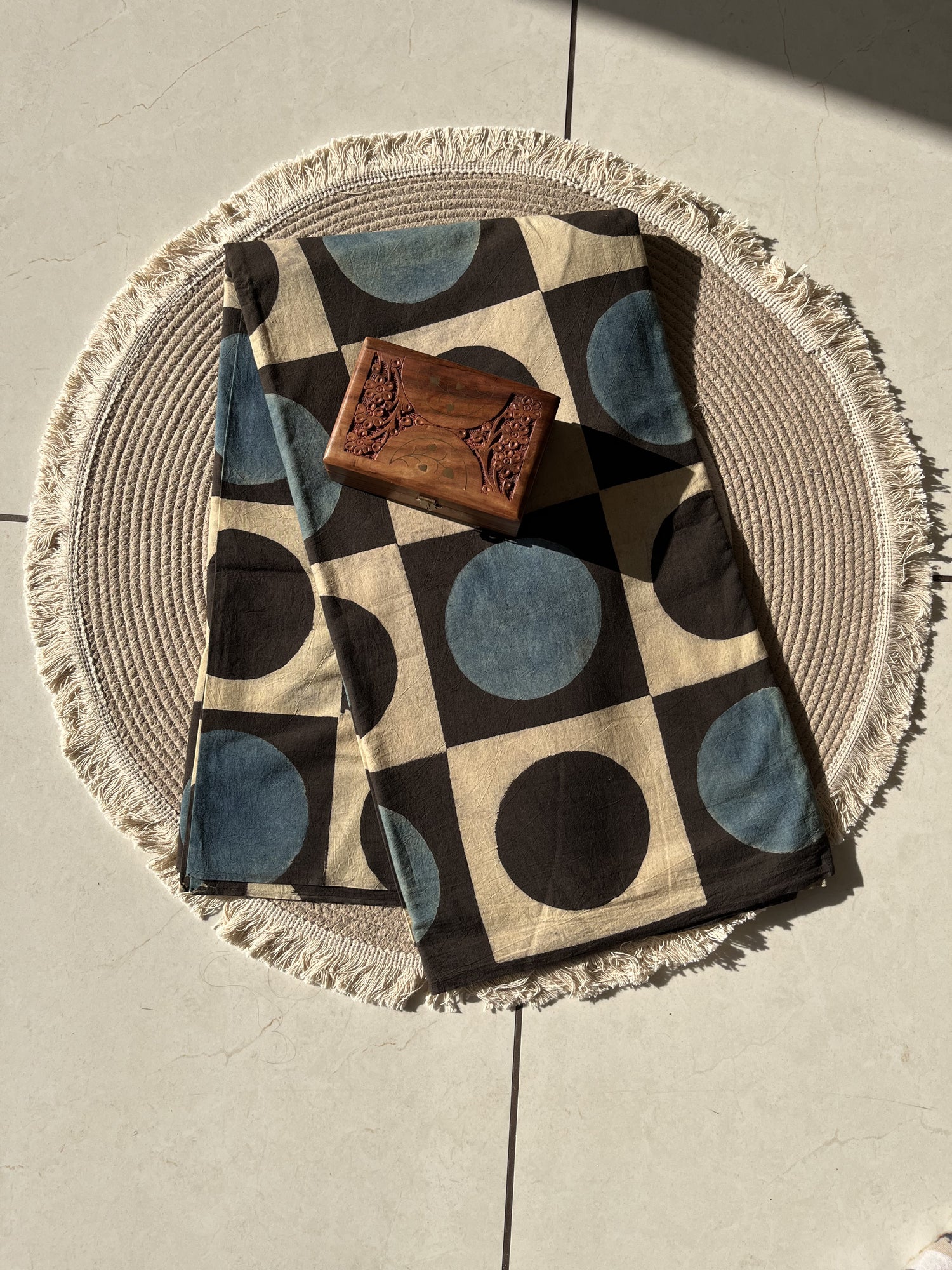 Black Blue Ajrakh Hand Block Print Cotton Fabric | Natural Dyes