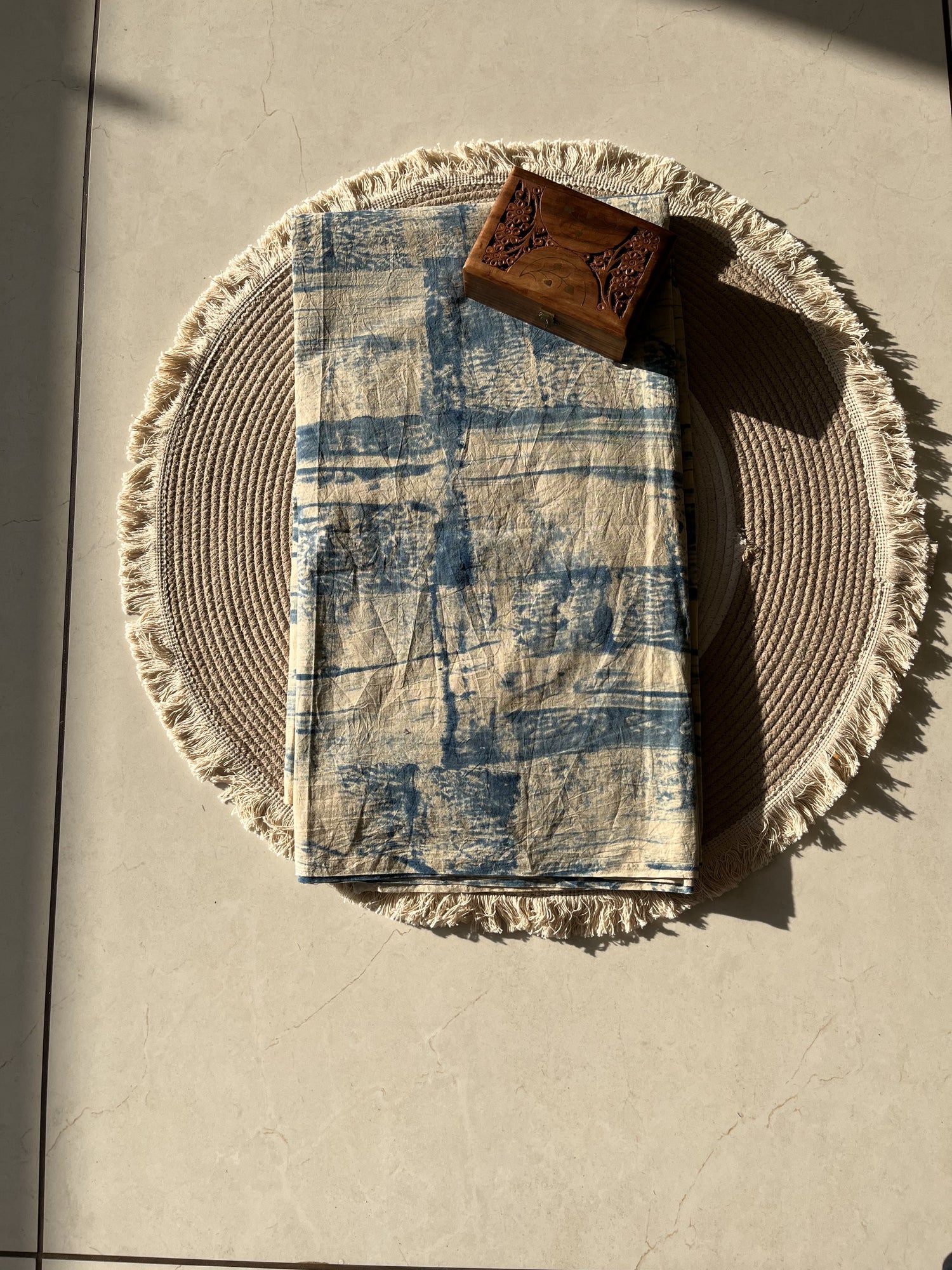 Off-White Blue Ajrakh Hand Block Print Cotton Fabric | Natural Dyes