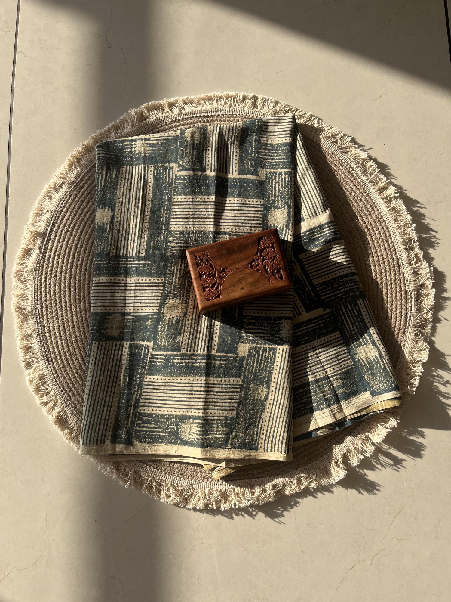 Green Ajrakh Hand Block Print Cotton Fabric | Natural Dyes