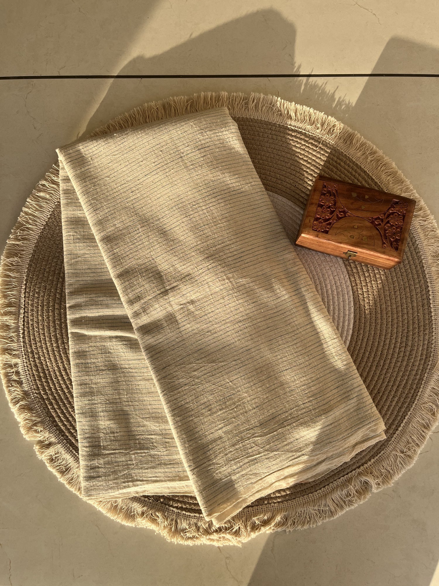 Off-White Striped Handwoven Organic Kala Cotton Fabric | Soft & Breathable