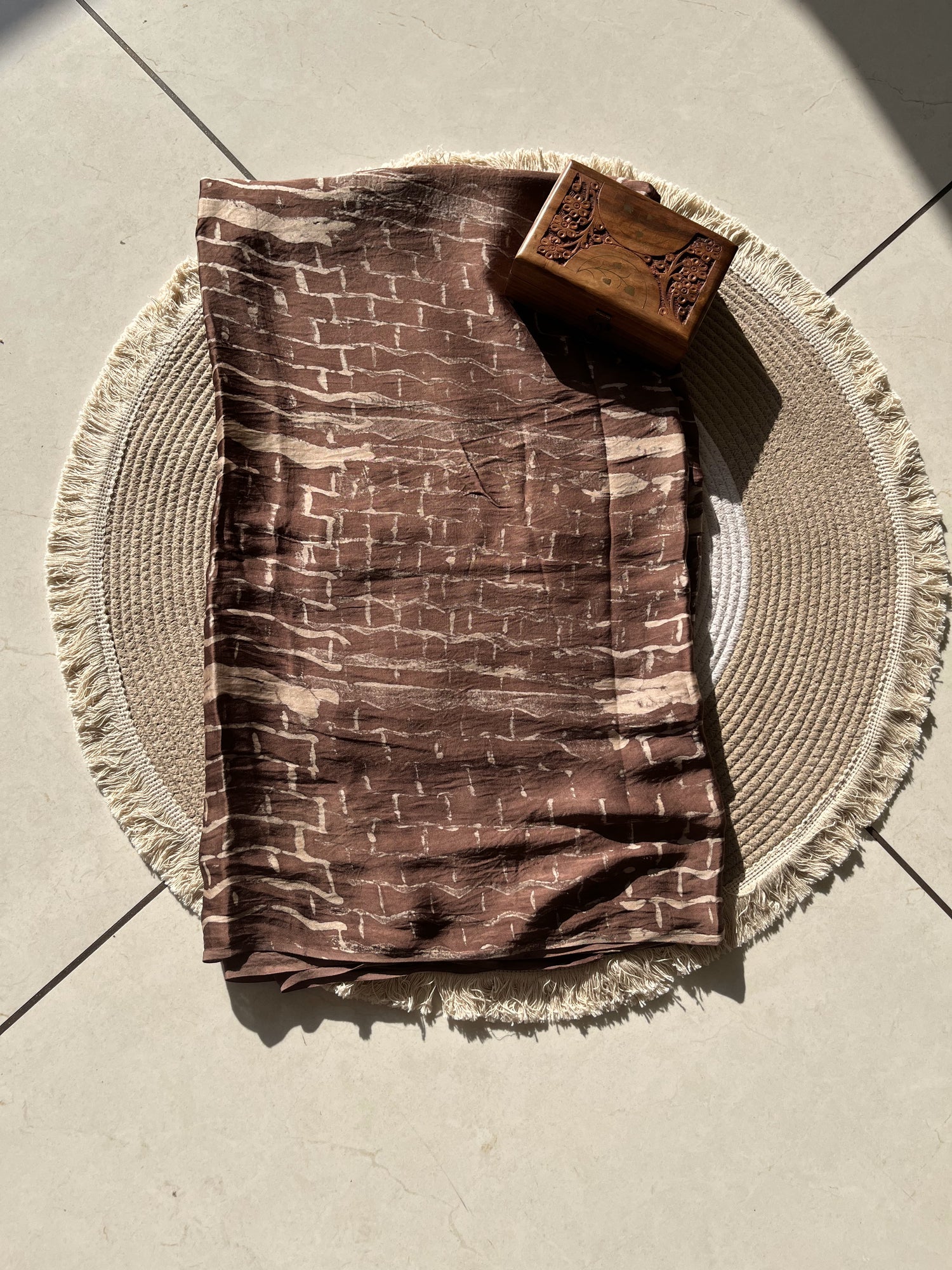 Brown Ajrakh Hand Block Print Modal Silk Fabric | Natural Dyes