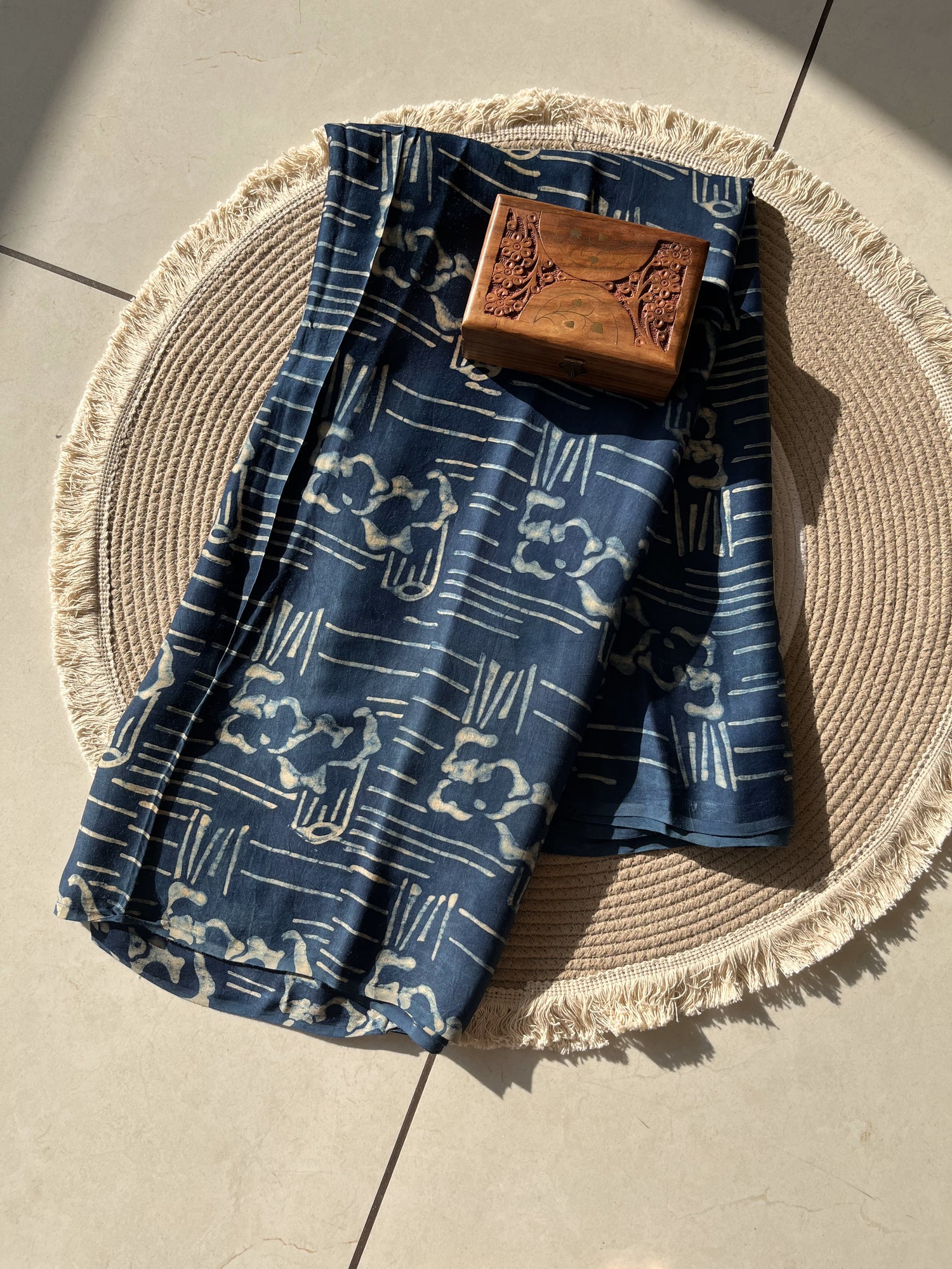 Blue Ajrakh Hand Block Print Modal Silk Fabric | Natural Dyes