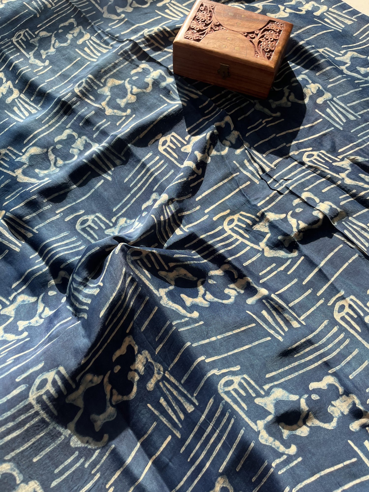 Blue Ajrakh Hand Block Print Modal Silk Fabric | Natural Dyes