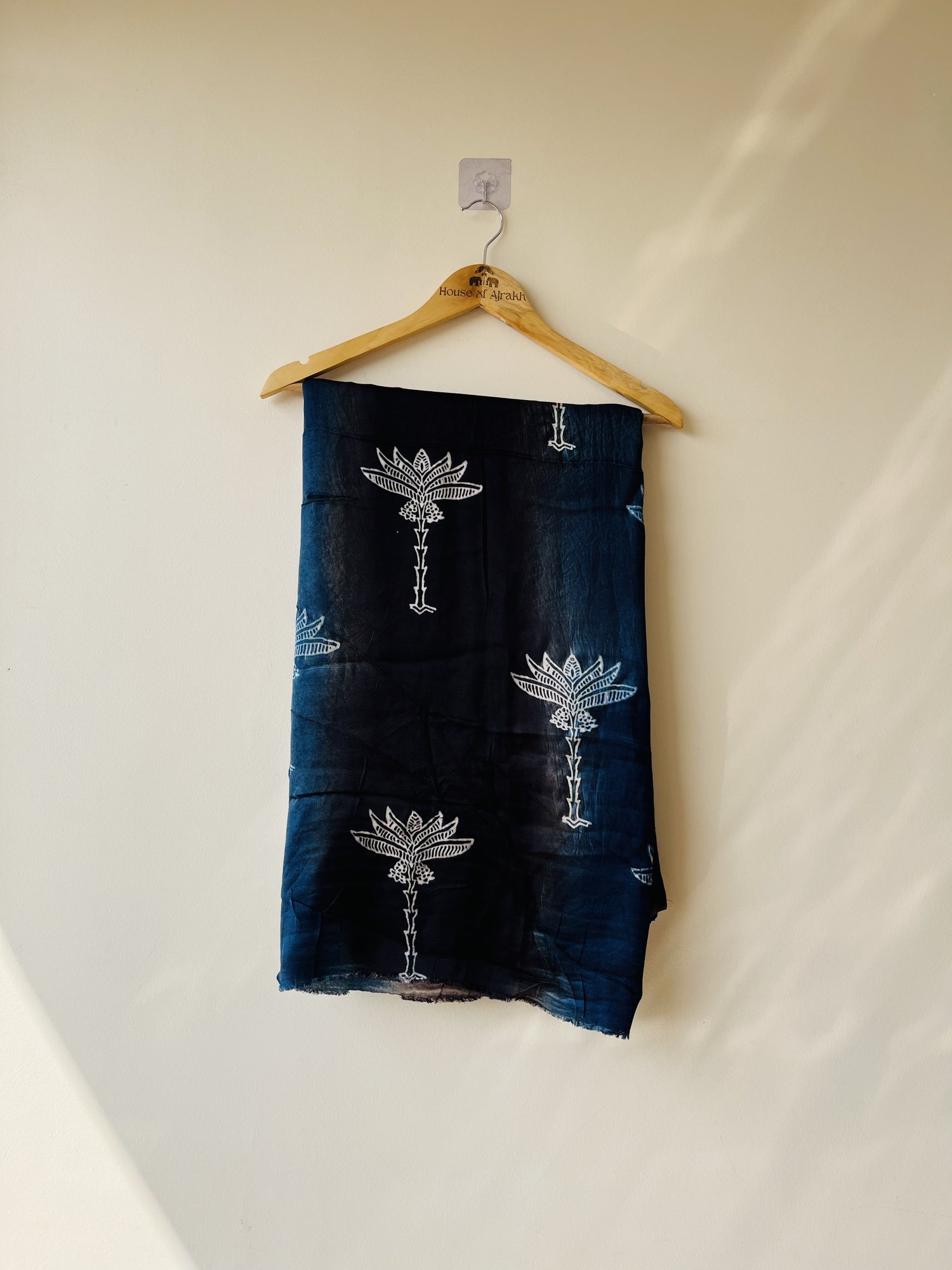 Black Blue Ajrakh Hand Block Print Modal Silk Fabric | Natural Dyes