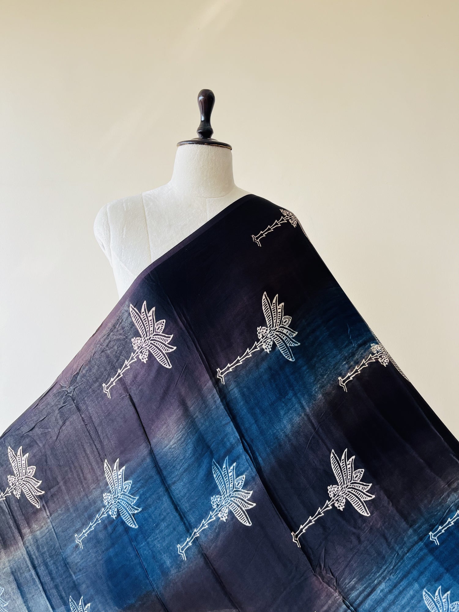 Black Blue Ajrakh Hand Block Print Modal Silk Fabric | Natural Dyes