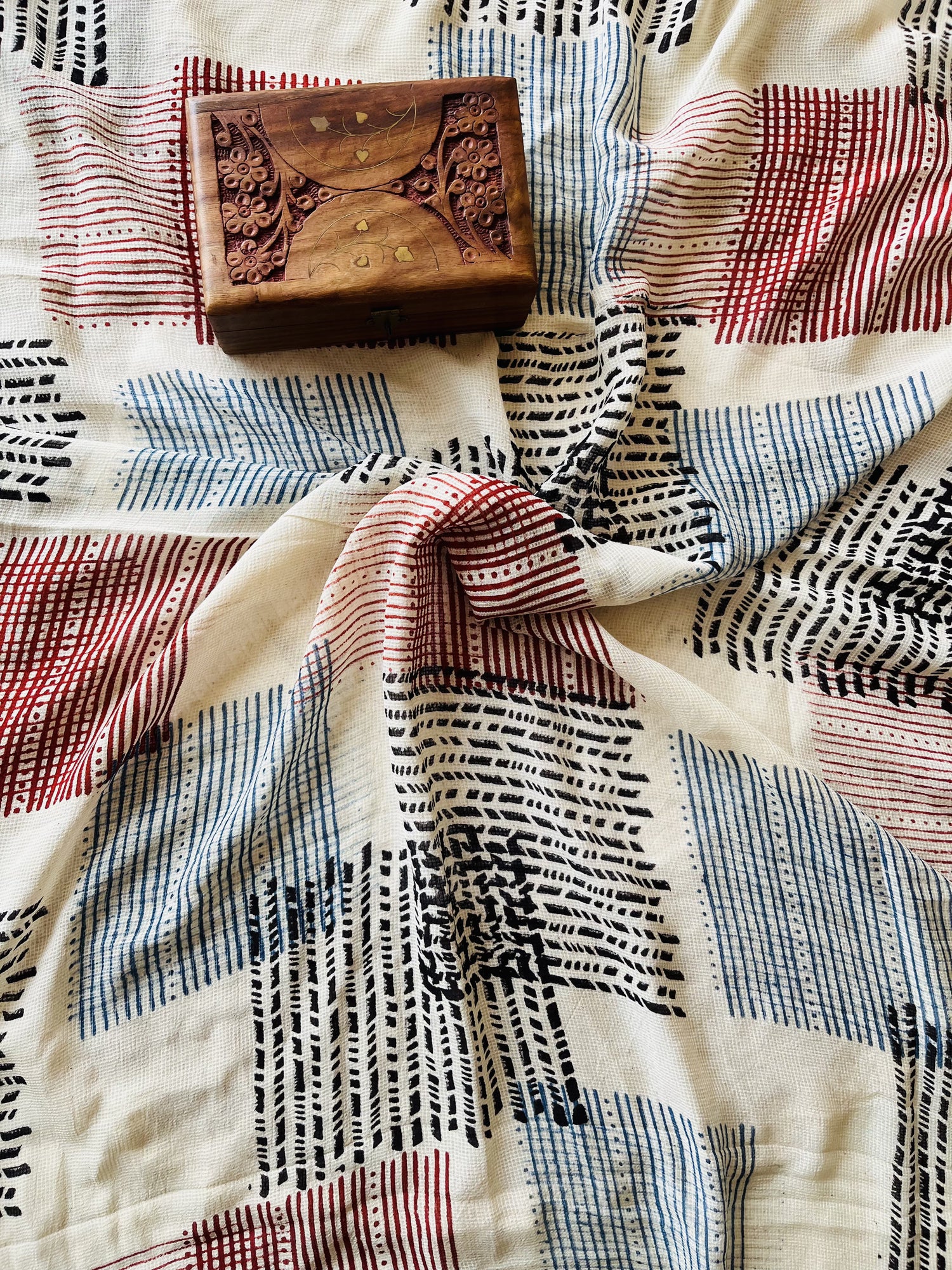 Multicolor Ajrakh Hand Block Print Net Modal Silk Fabric | Natural Dyes