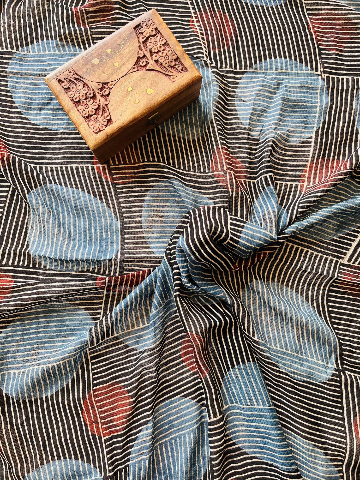 Multicolor Ajrakh Hand Block Print Net Modal Silk Fabric | Natural Dyes