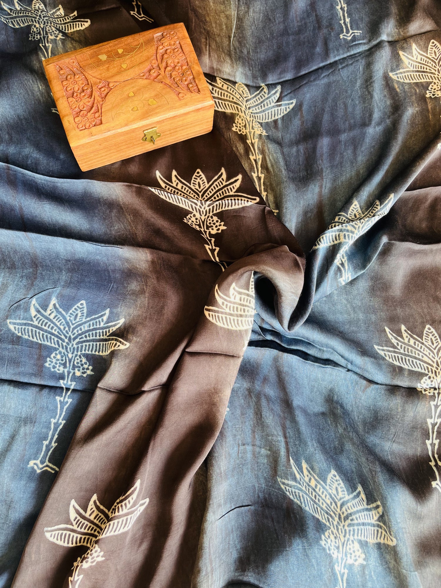 Black Blue Ajrakh Hand Block Print Modal Silk Fabric | Natural Dyes