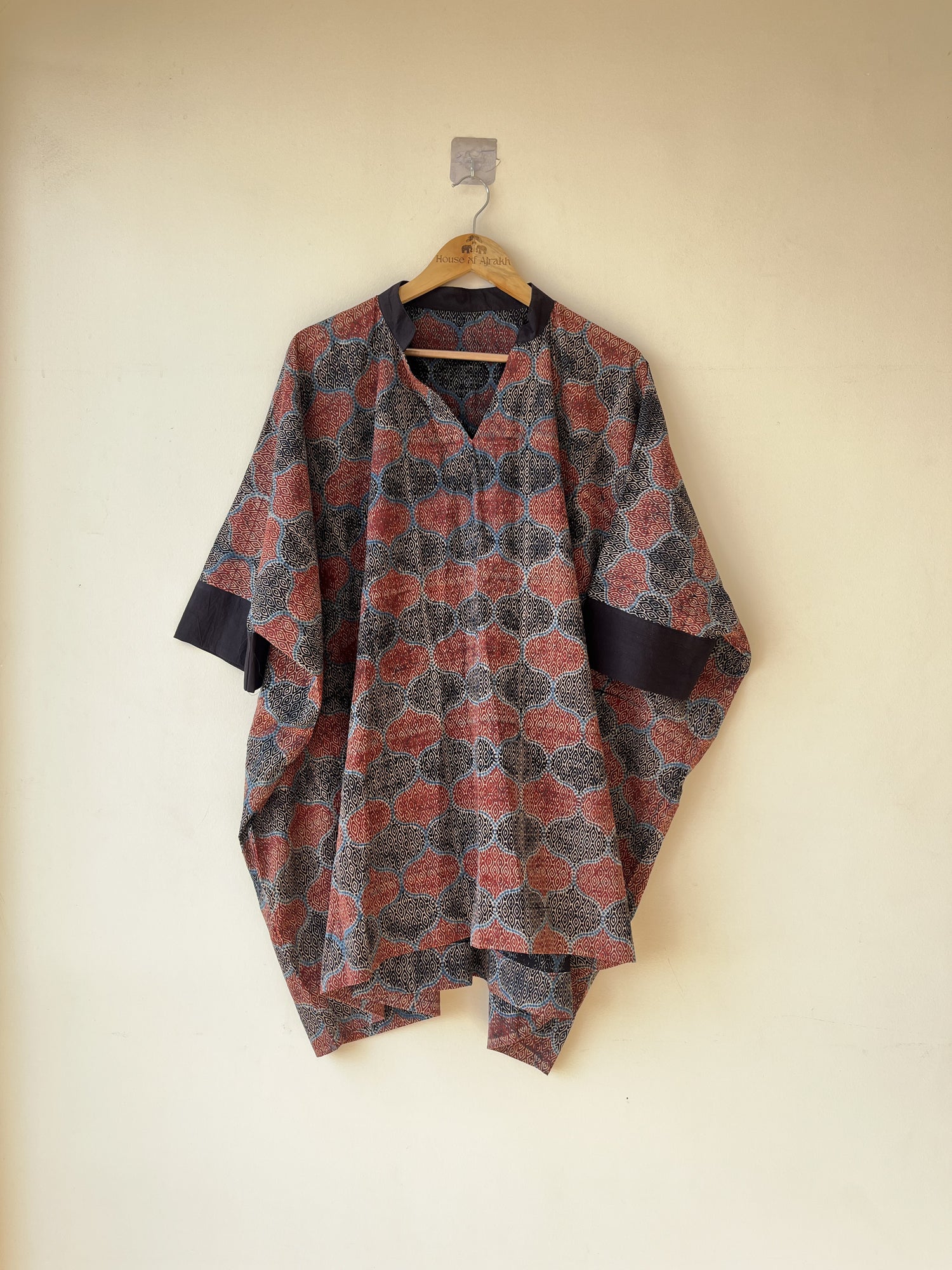 Red Black Ajrakh Hand Block Printed Cotton Kaftan | Natural Dyes