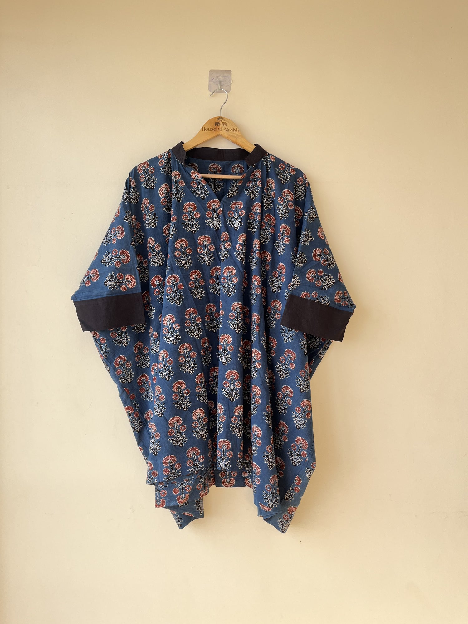 Blue Red Ajrakh Hand Block Printed Cotton Kaftan | Natural Dyes