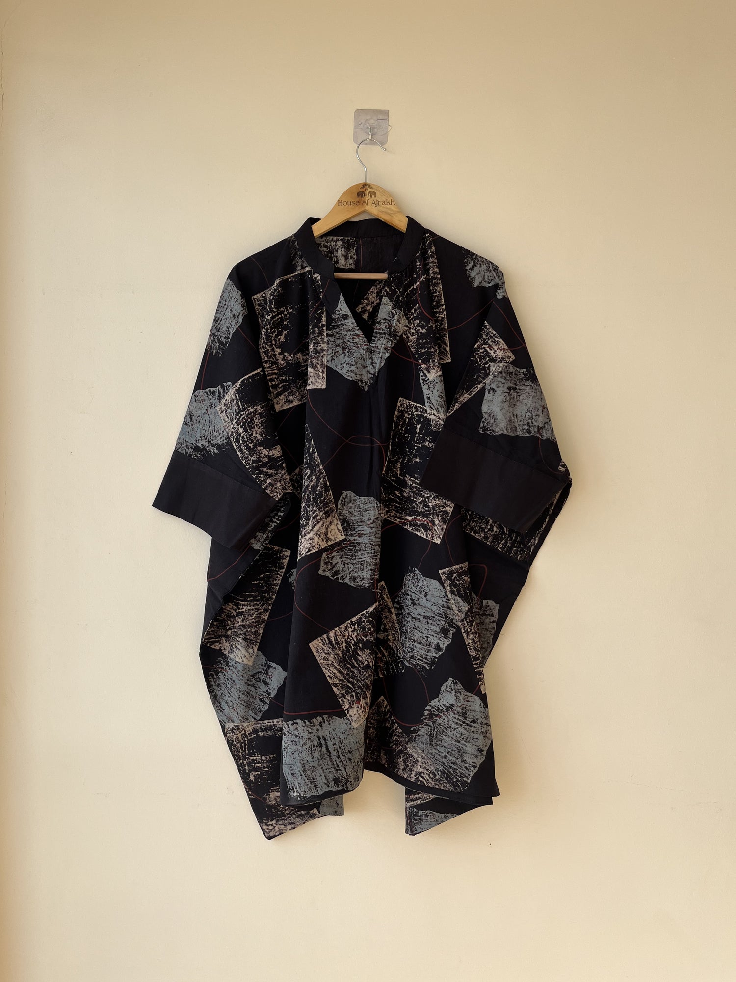 Black Ajrakh Hand Block Printed Cotton Kaftan | Natural Dyes