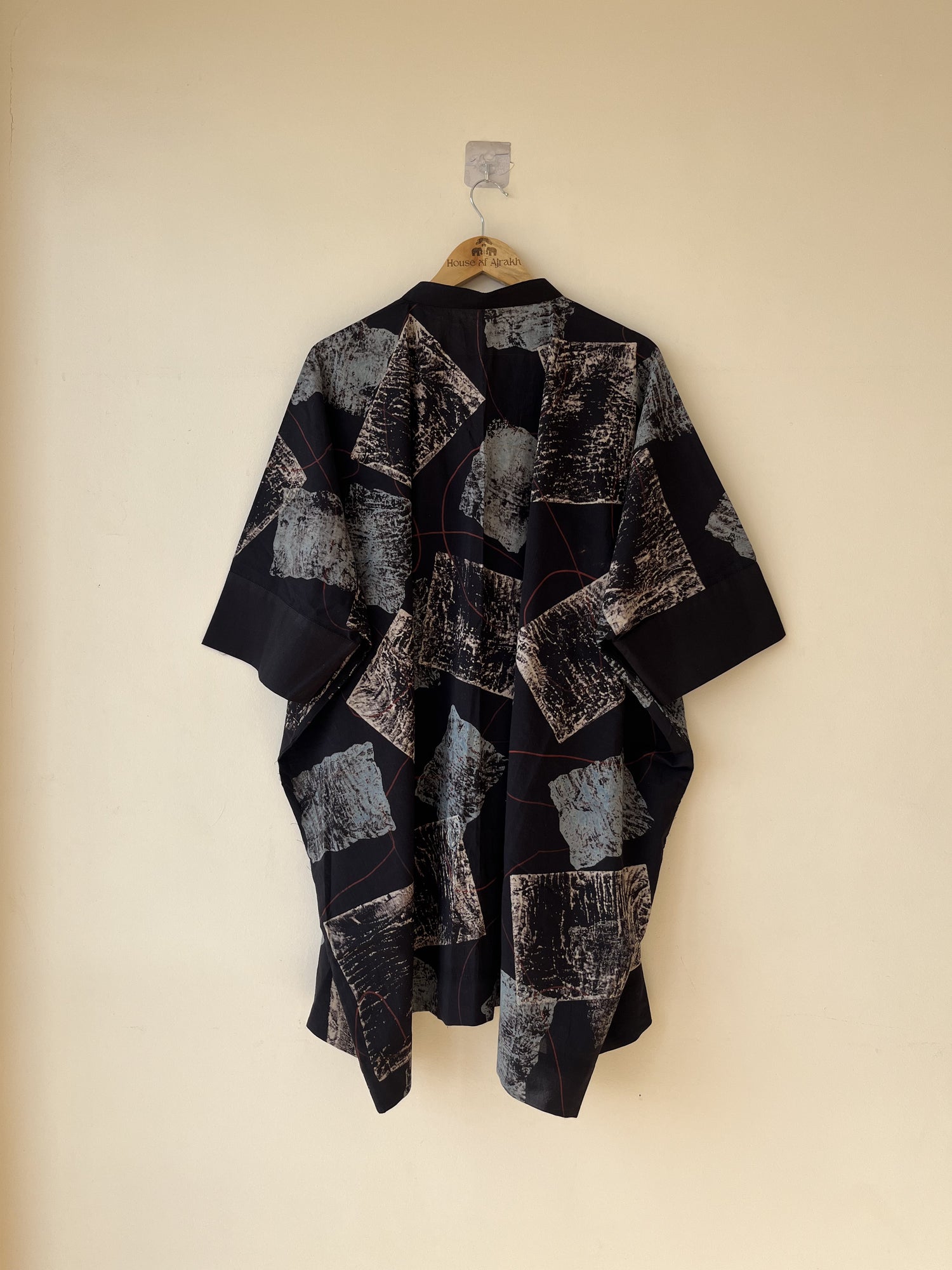 Black Ajrakh Hand Block Printed Cotton Kaftan | Natural Dyes