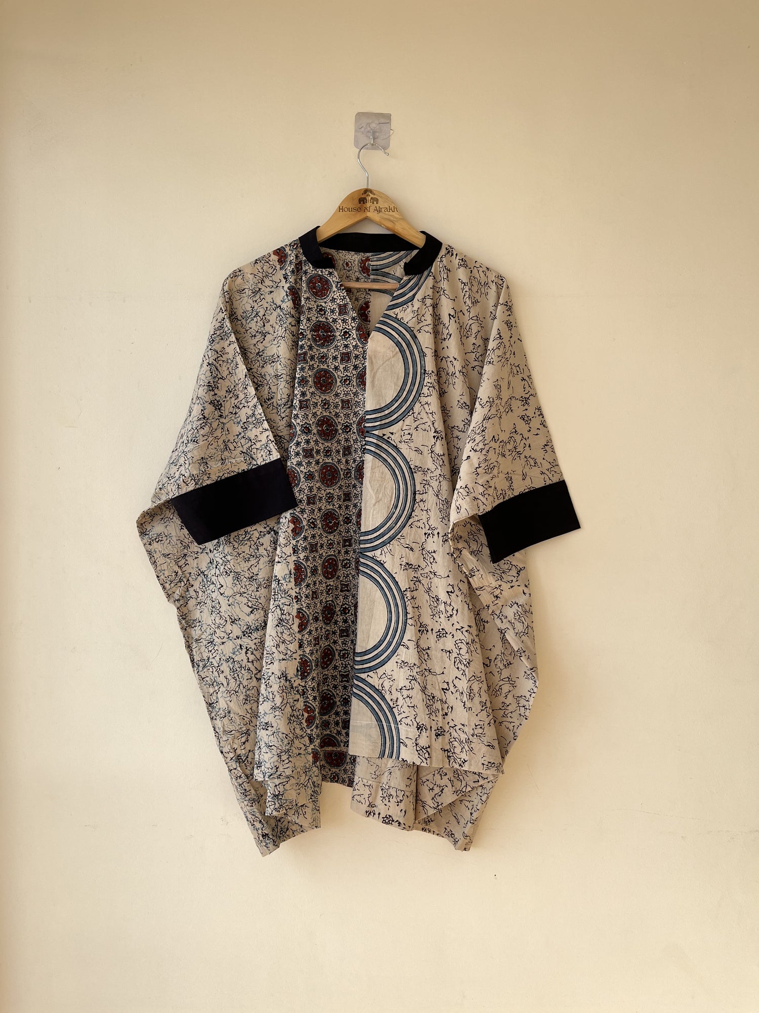 Off-White Ajrakh Hand Block Printed Cotton Kaftan | Natural Dyes