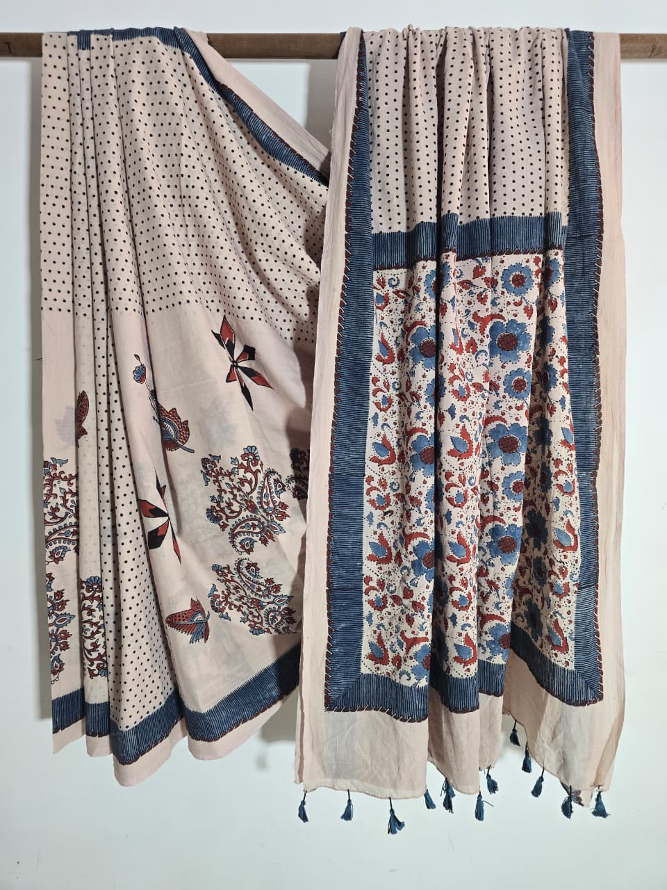 Cream Red Ajrakh Hand Block Print Mul Cotton Saree | Natural Dyes