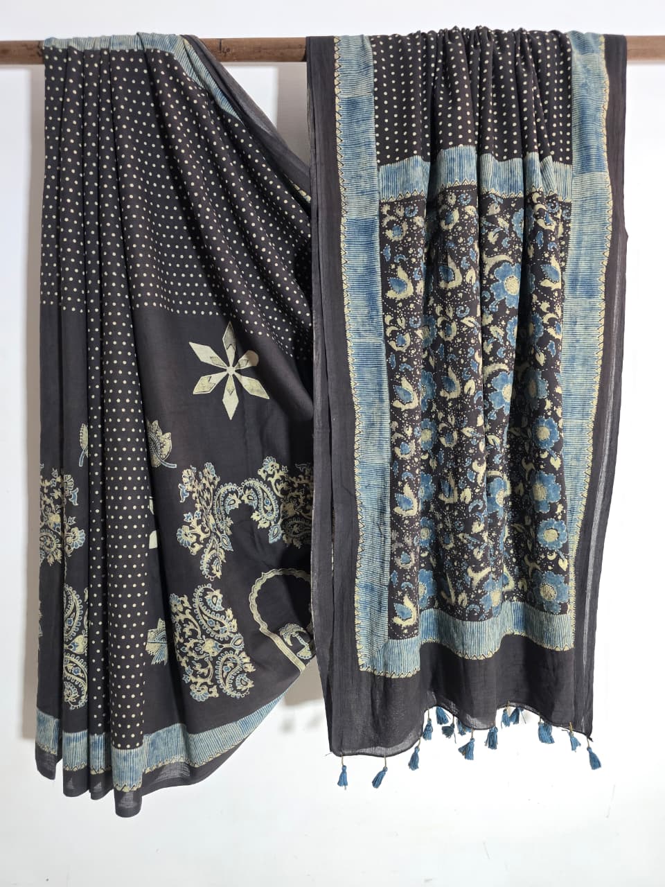 Black Blue Ajrakh Hand Block Print Mul Cotton Saree | Natural Dyes