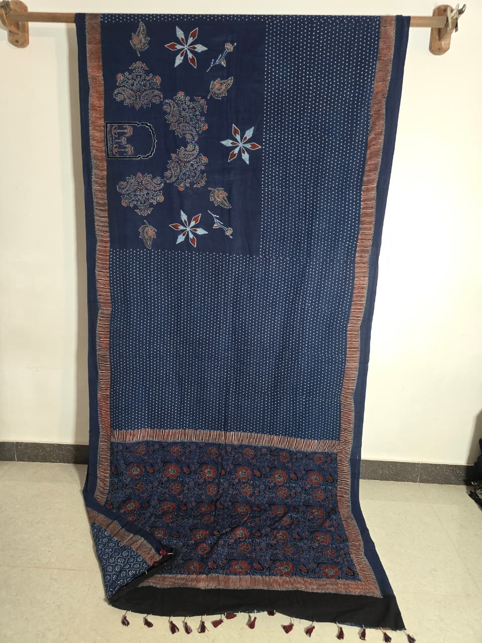 Blue Ajrakh Hand Block Print Mul Cotton Saree | Natural Dyes