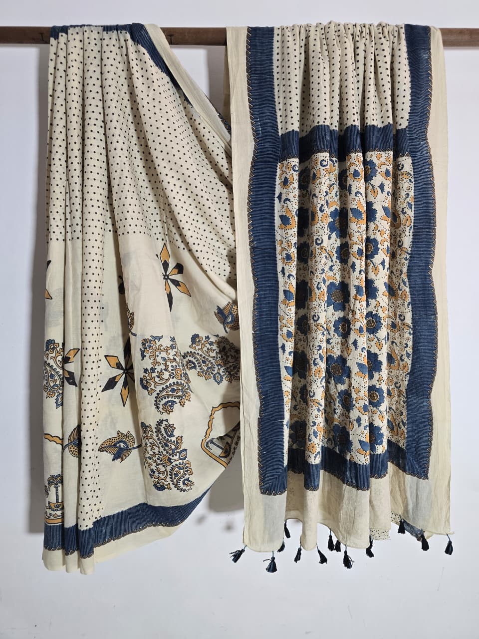 Cream Yellow Ajrakh Hand Block Print Mul Cotton Saree | Natural Dyes