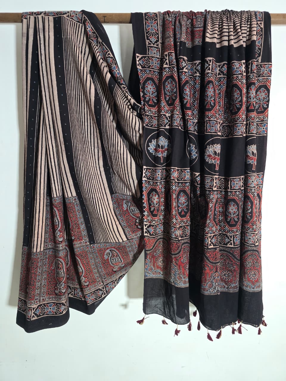 Red Black Hand Block Print Mul Cotton Saree | Natural Dyes