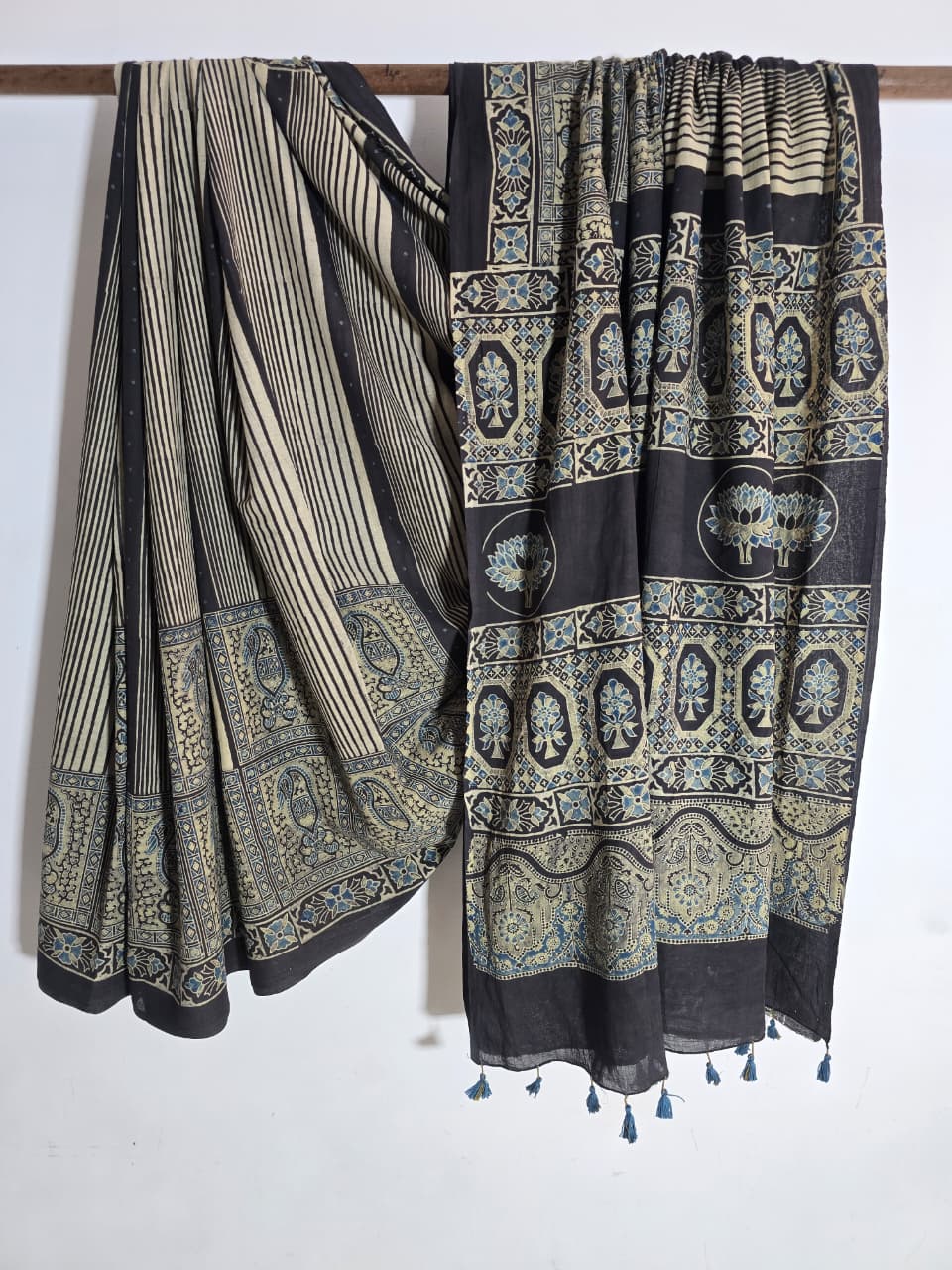 Black Ajrakh Hand Block Print Mul Cotton Saree | Natural Dyes