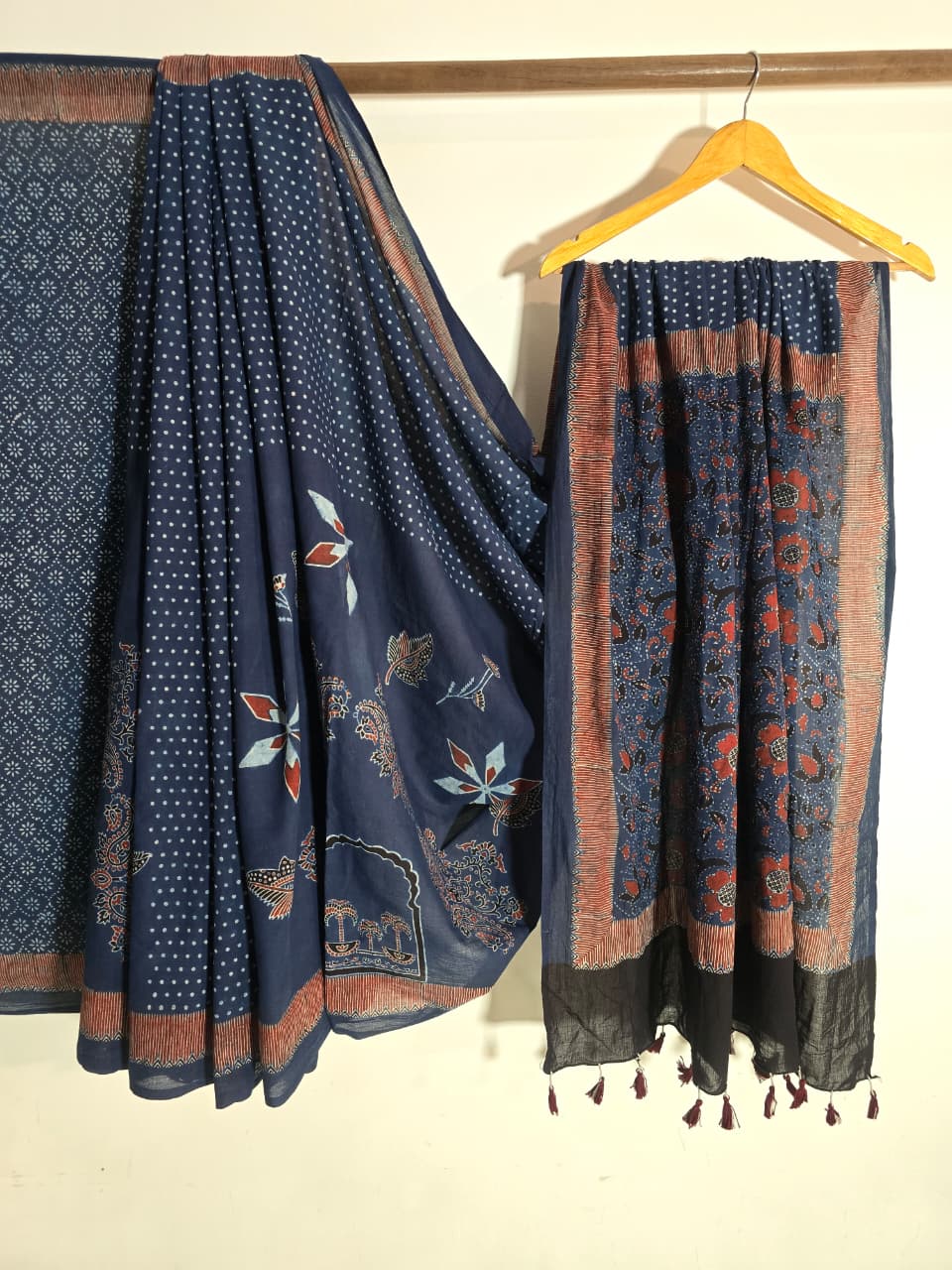 Red Blue Hand Block Print Mul Cotton Saree | Natural Dyes