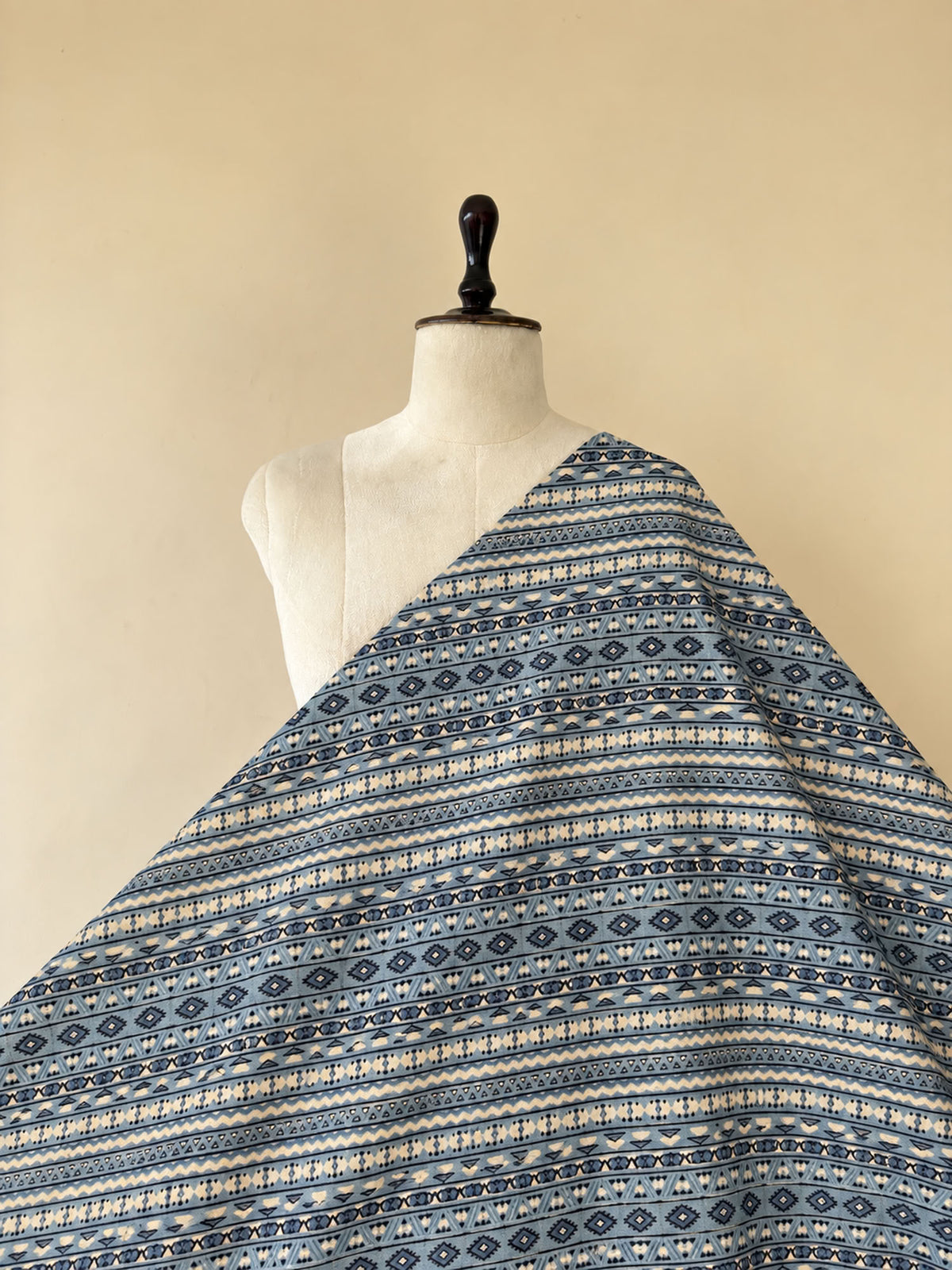 Sky Blue Ajrakh Hand Block Printed Cotton Fabric | Natural Dyes