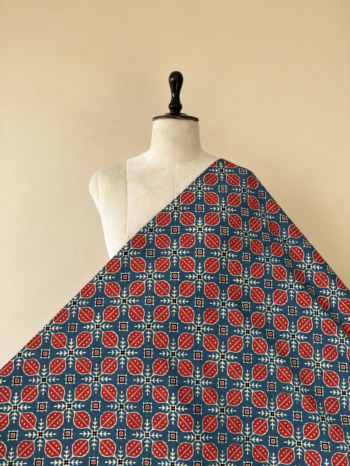 Blue Red Ajrakh Hand Block Printed Cotton Fabric | Natural Dyes