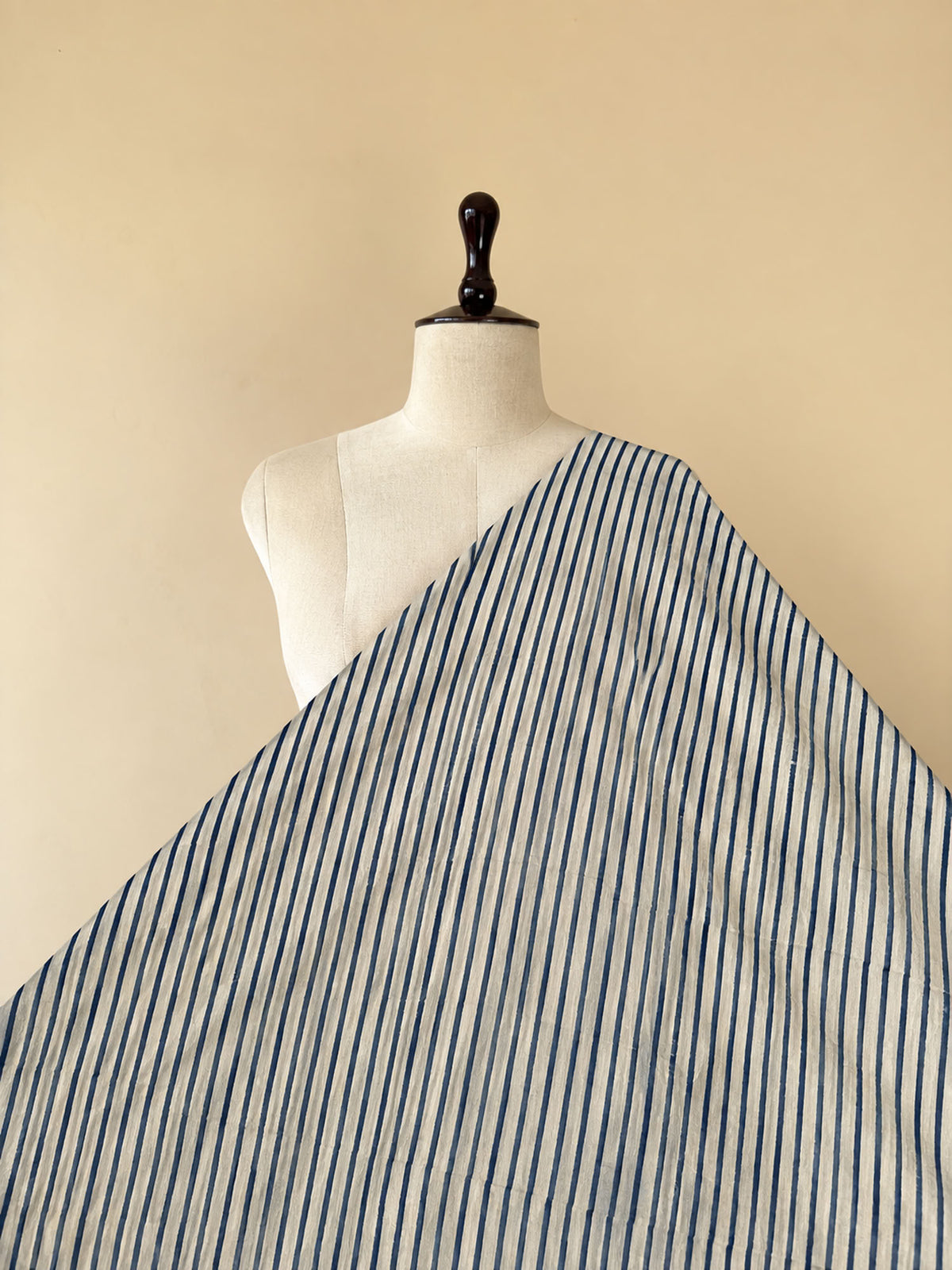 Blue Striped Ajrakh Hand Block Printed Cotton Fabric | Natural Dyes
