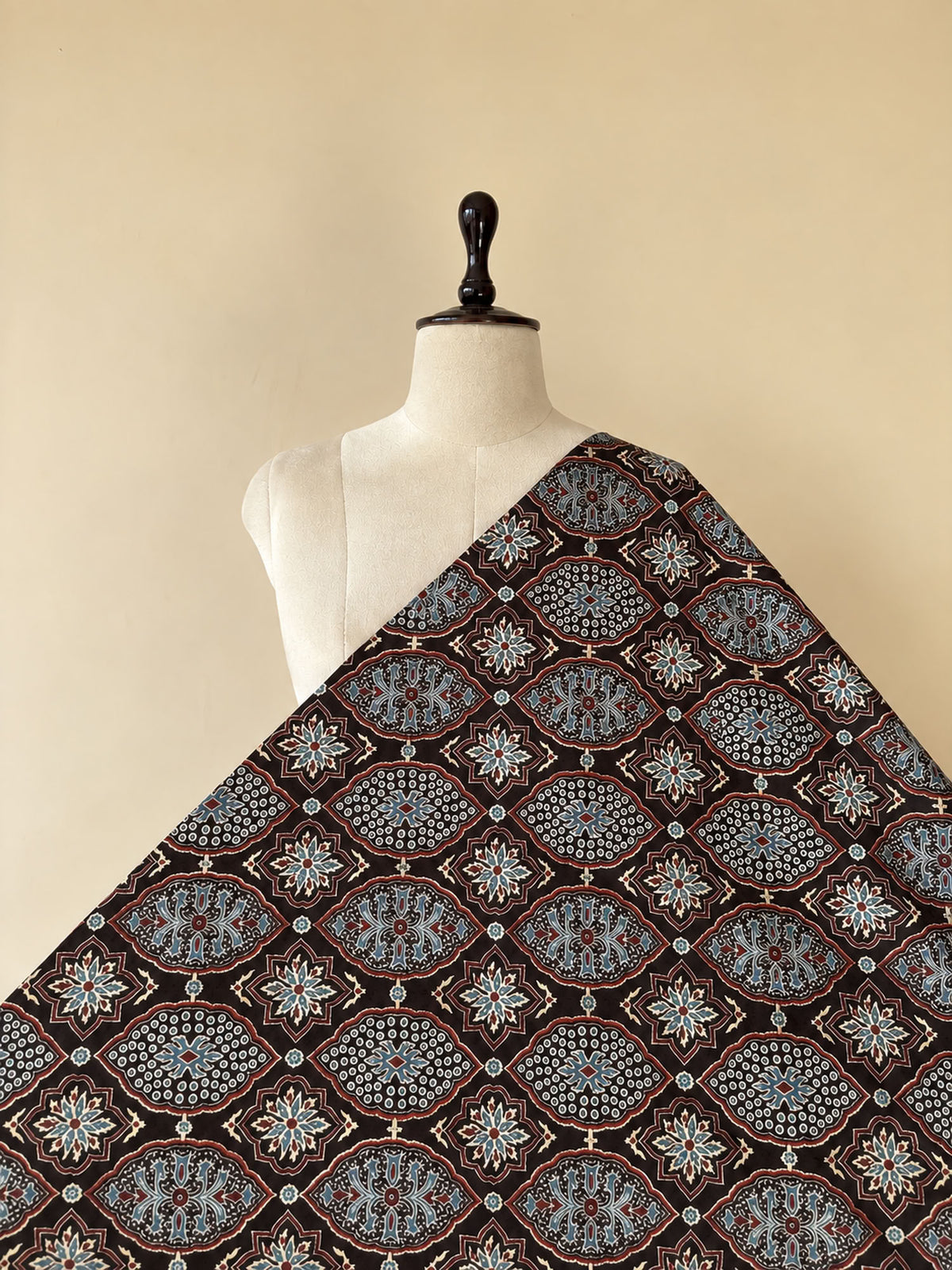 Black Ajrakh Hand Block Printed Cotton Fabric | Natural Dyes