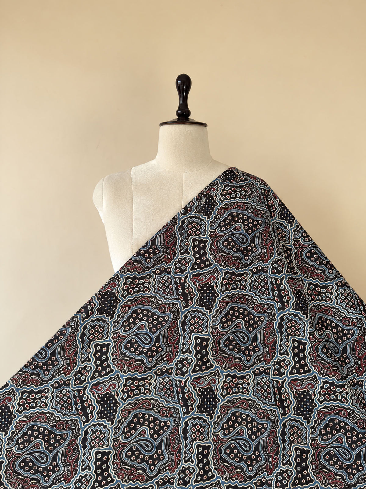 Black Ajrakh Hand Block Printed Cotton Fabric | Natural Dyes