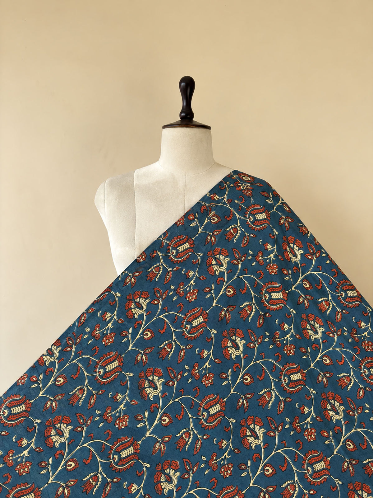 Blue Red Floral Ajrakh Hand Block Printed Cotton Fabric | Natural Dyes