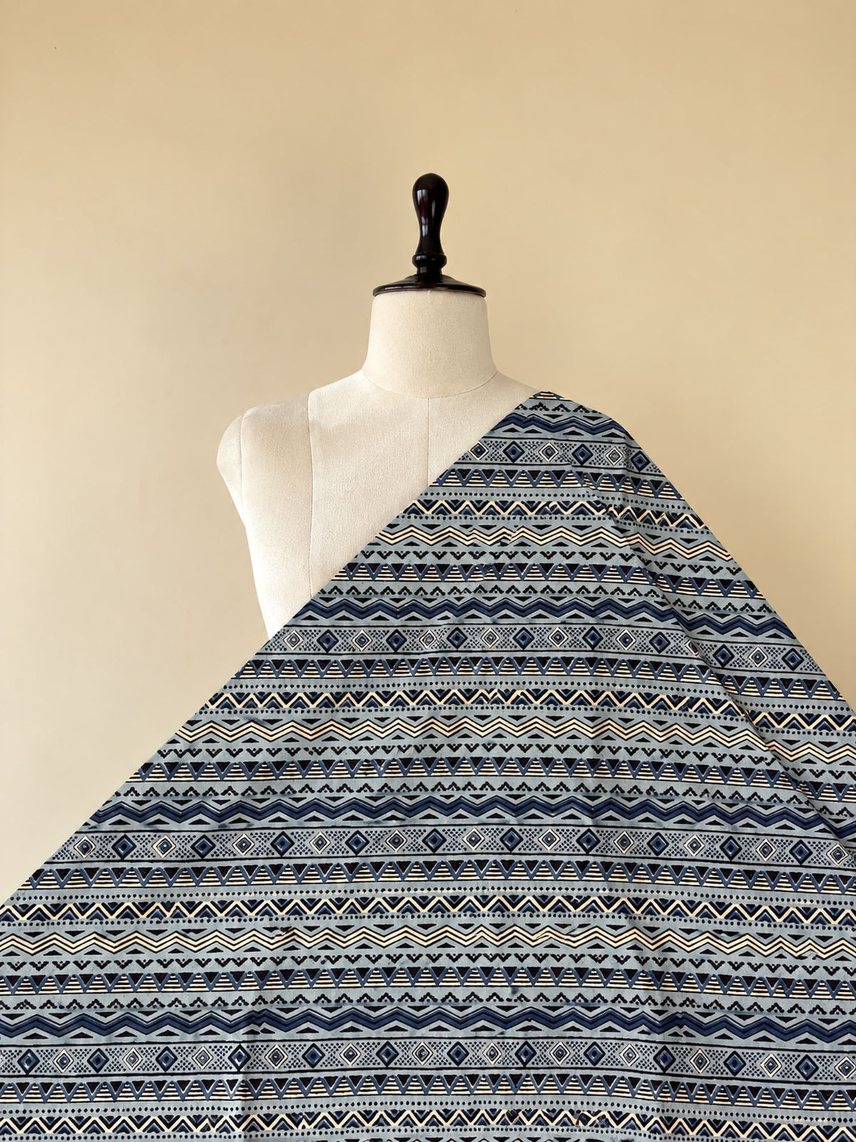 Sky Blue Ajrakh Hand Block Printed Cotton Fabric | Natural Dyes